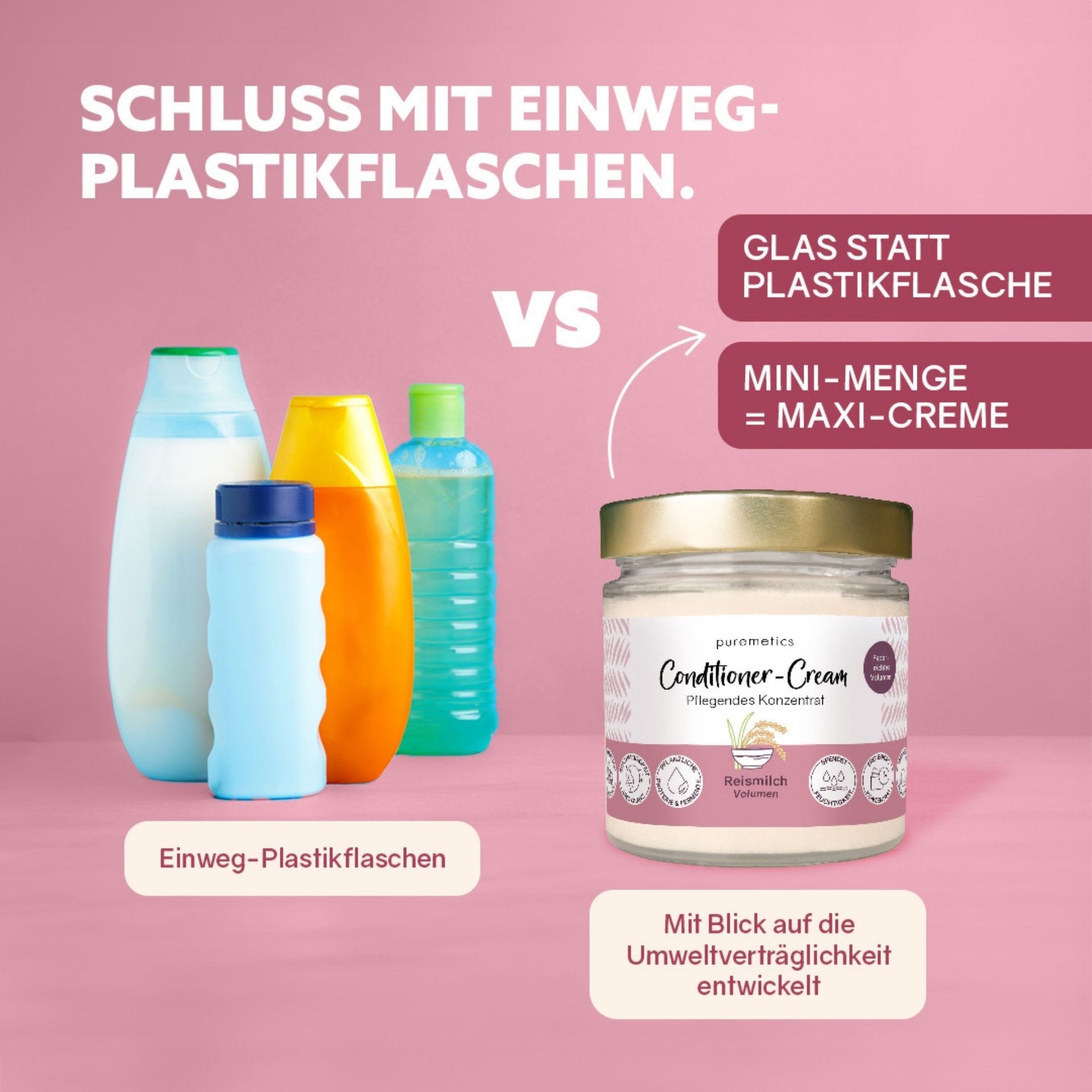Vergleich zwischen Einweg-Plastikflaschen und nachhaltiger Conditioner-Cream im Glas