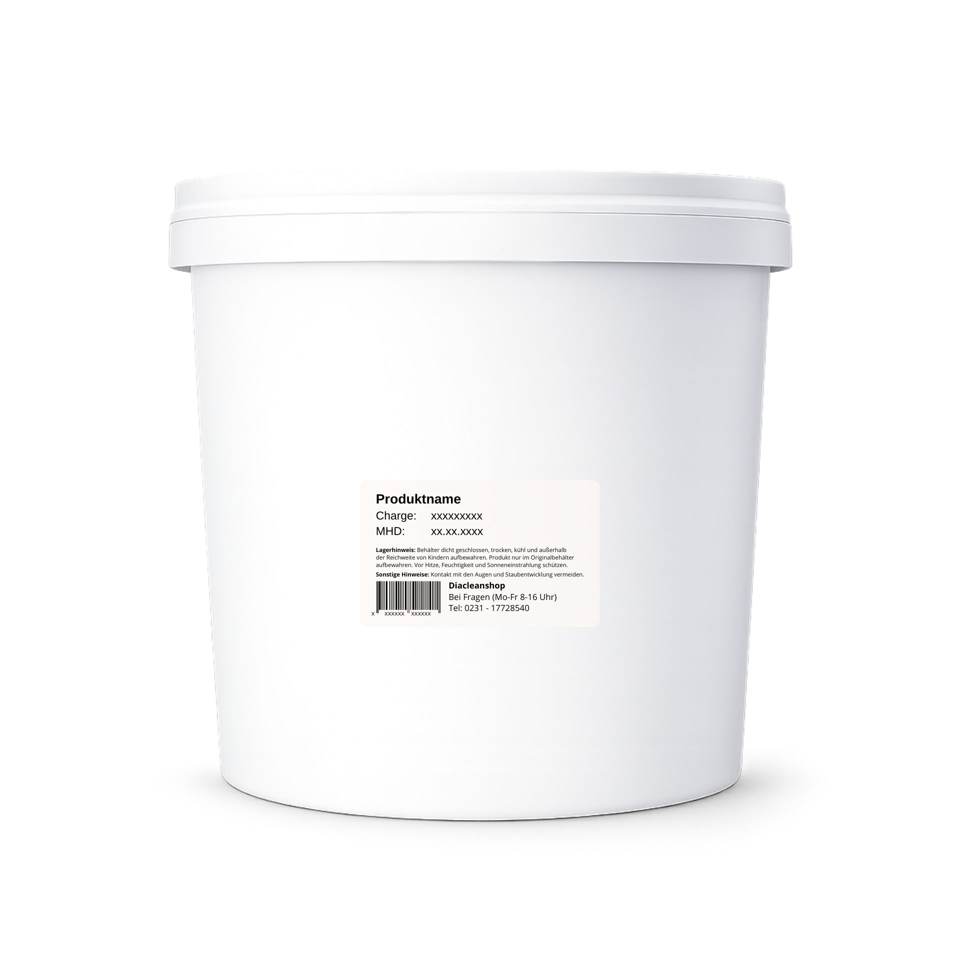 Rueckansicht des weissen MSM Pulver 200 g Eimers mit rueckseitigem Produktetikett vor weissem Hintergrund