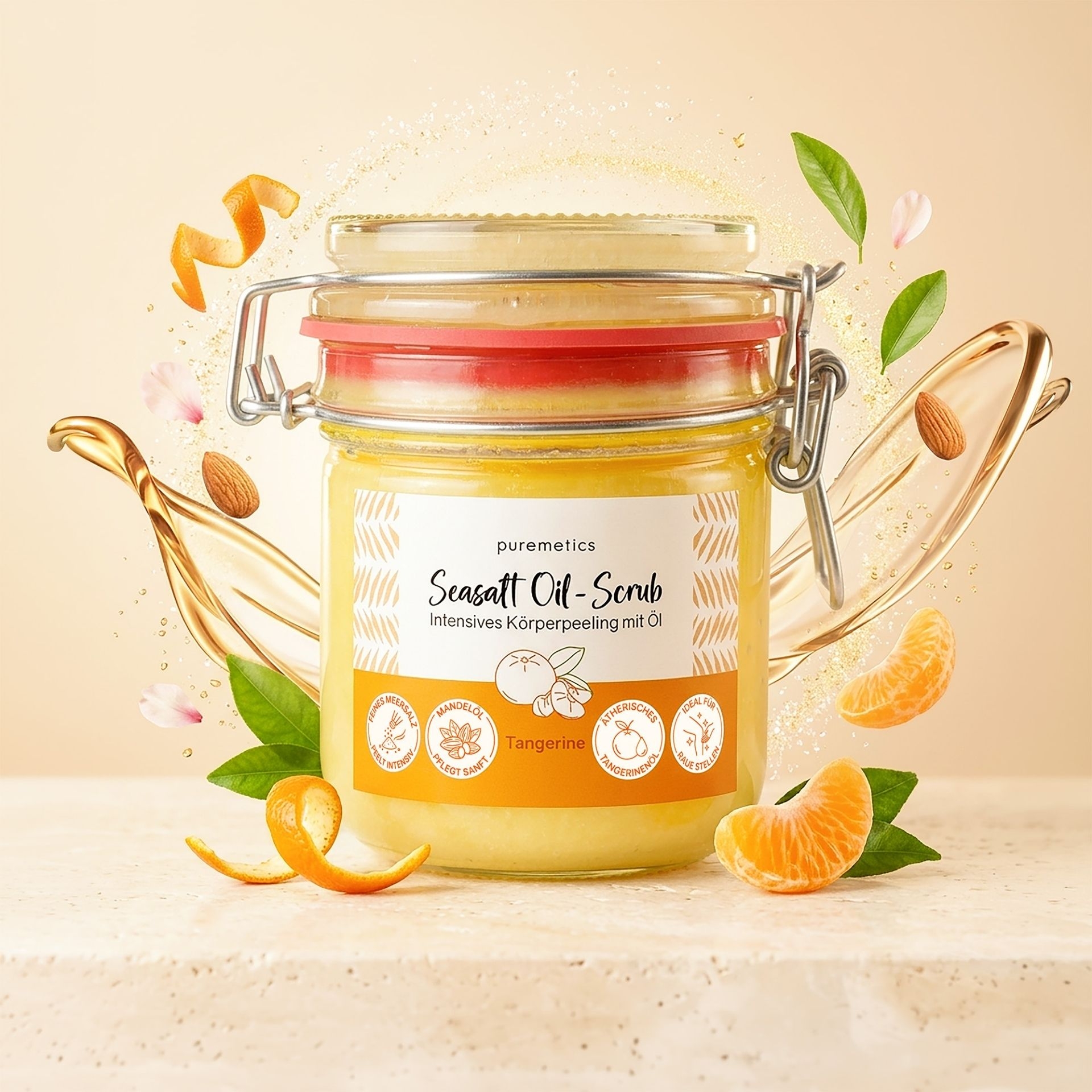 Seasalt Oil-Scrub Tangerine im Glas mit Mandeln_ Tangerinen und Blaettern dekoriert