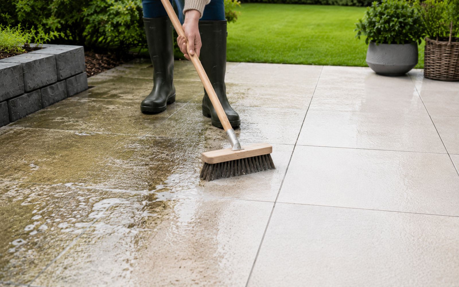 Terrassenplatten nach Einwirkzeit mit Bürste schrubben