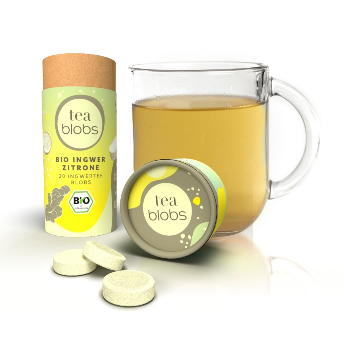 Tea Blobs Dose Bio Ingwer Zitrone mit Glas Tee und Blobs davor
