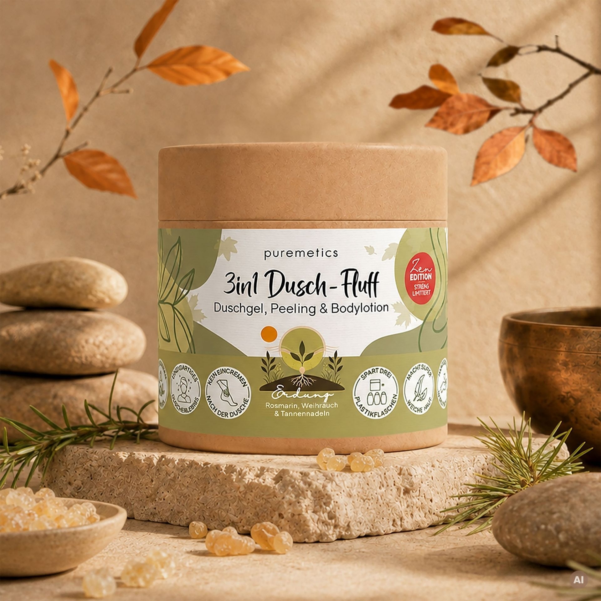 3in1 Dusch-Fluff Erdung mit Rosmarin_ Weihrauch und Tannennadeln in einer natuerlichen Wellness-Szene