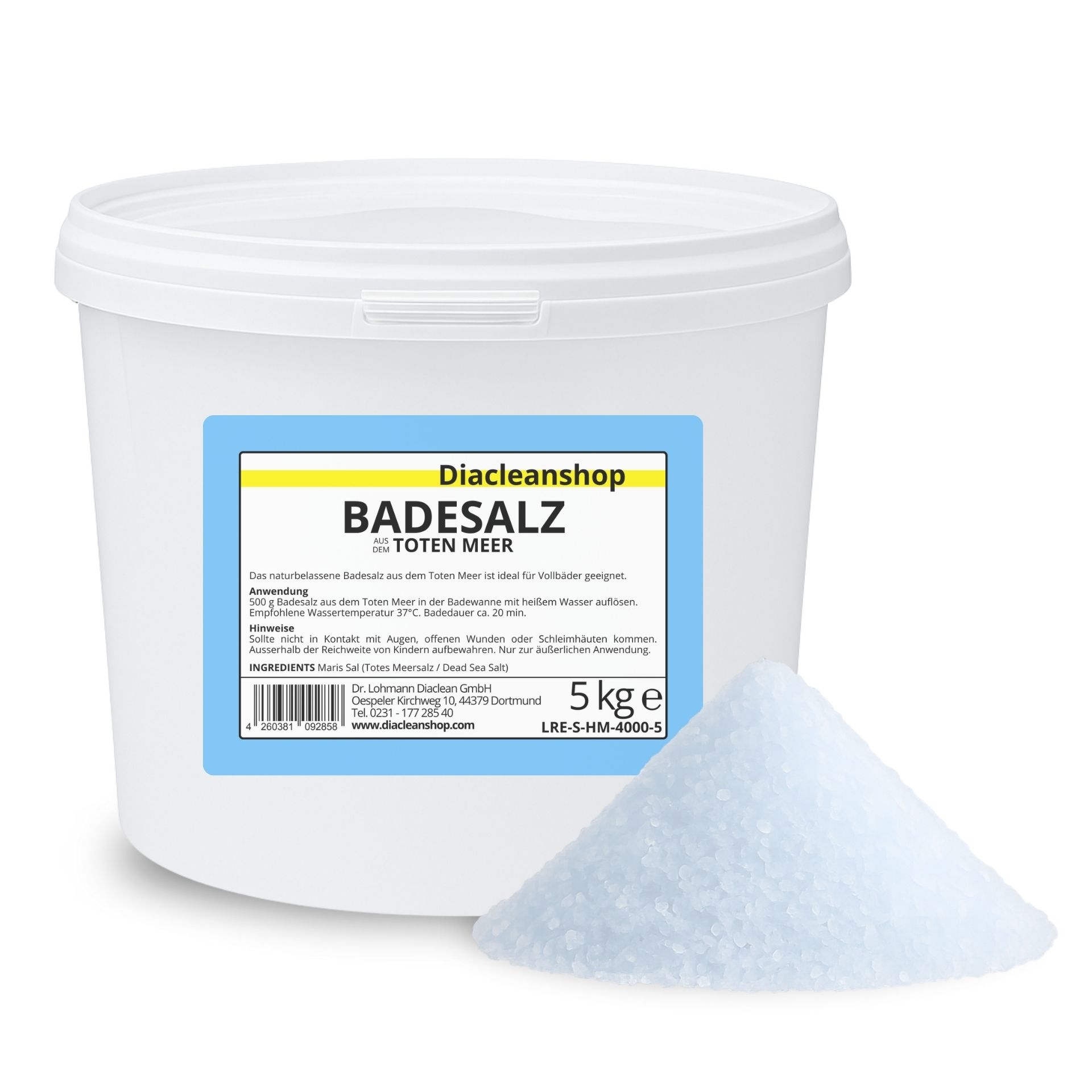 5kg Eimer Badesalz aus dem Toten Meer von Diacleanshop mit Salzanhaeufung im Vordergrund_ naturbelassen und hochwertig