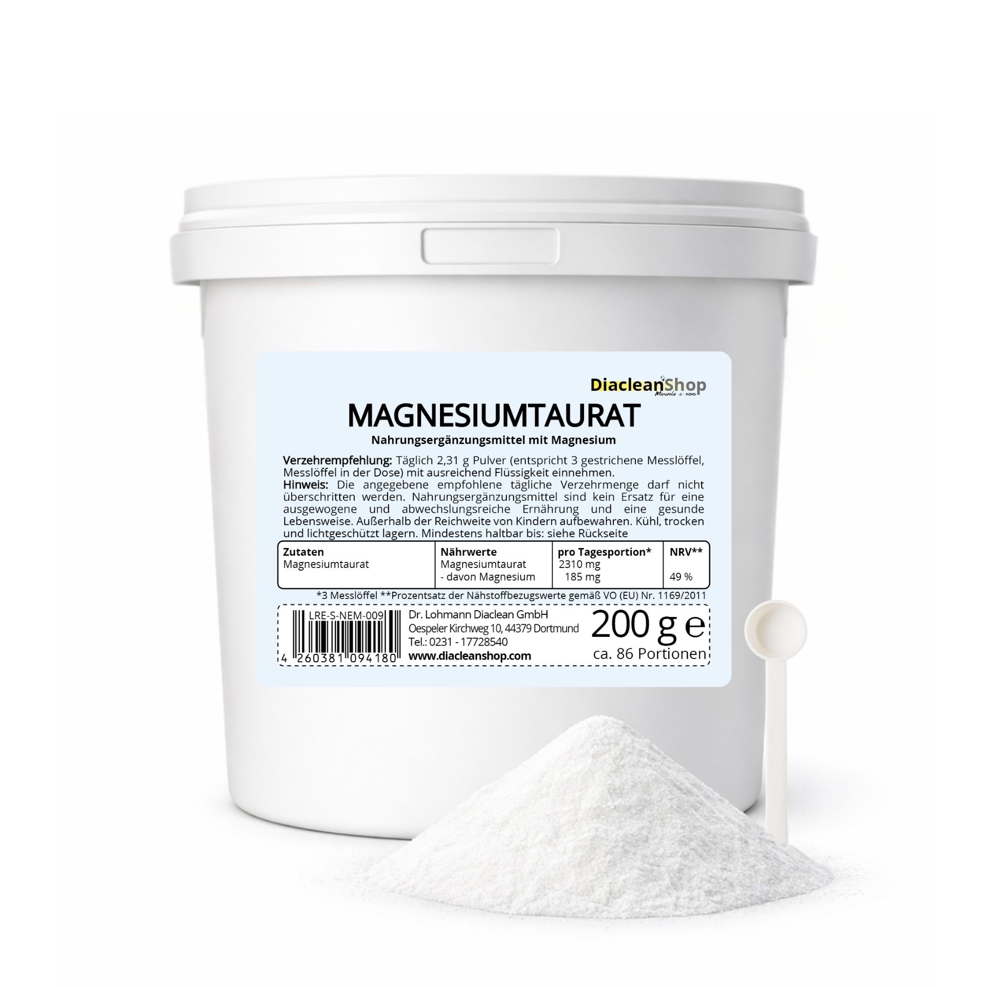 Magnesiumtaurat 200 g im weissen Eimer mit Messloeffel und feinem Pulver vor weissem Hintergrund