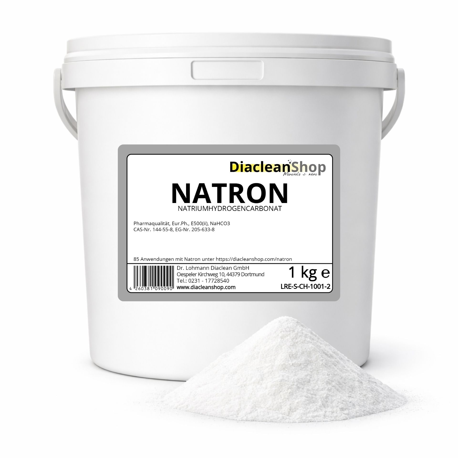 Natron 1 kg im weissen Eimer mit Diacleanshop Etikett und weissem Natronpulver davor