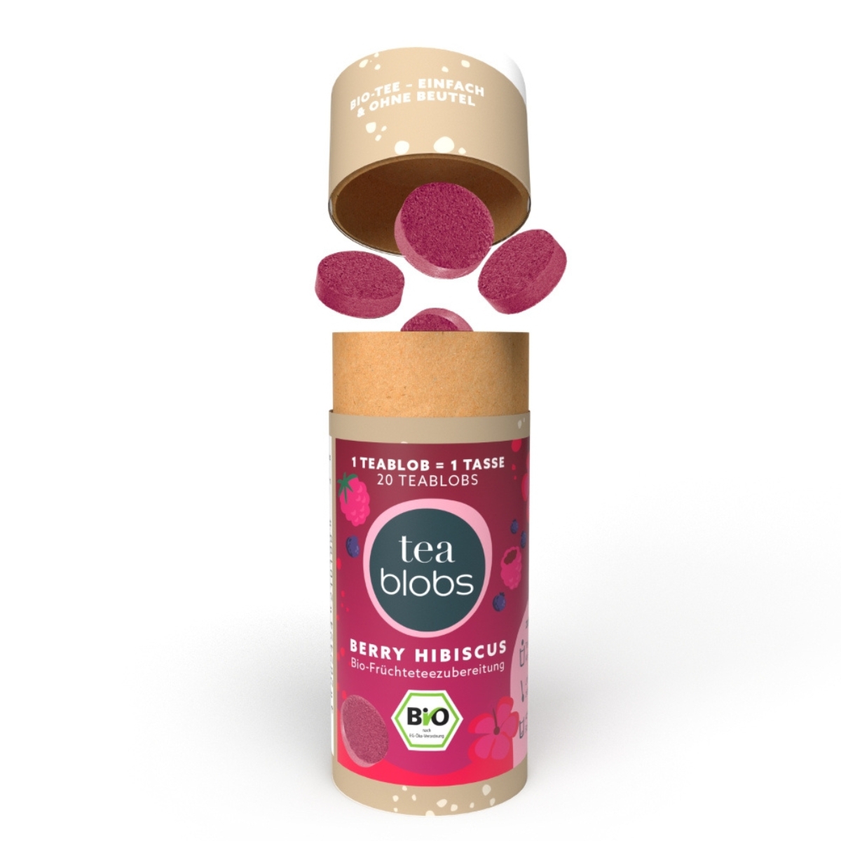 Teablobs Berry Hibiscus in Papprolle mit geoeffnetem Deckel und herausfallenden Teablobs