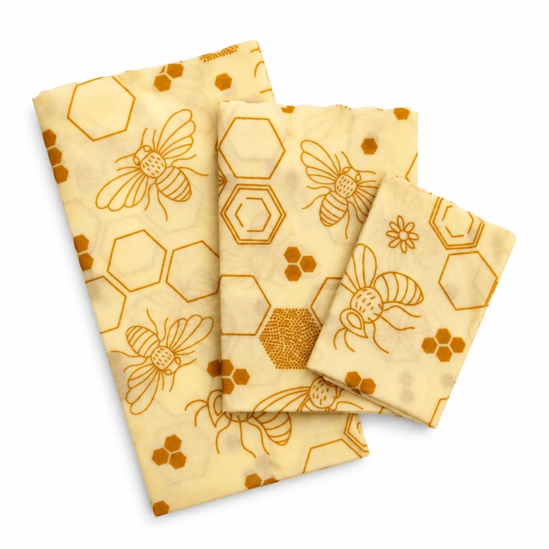 pandoo Bienenwachstuecher 3er Set in drei Groessen mit Bienen- und Wabenmuster
