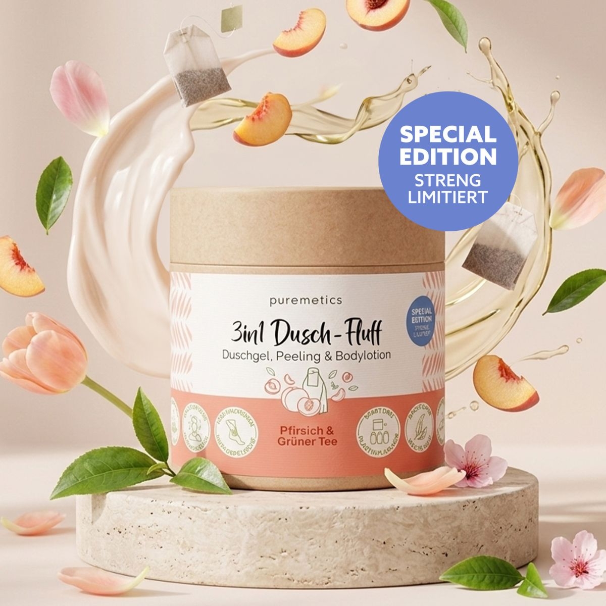 3in1 Dusch-Fluff Pfirsich und gruener Tee im Tiegel mit fruchtigem Design und Special Edition Hinweis