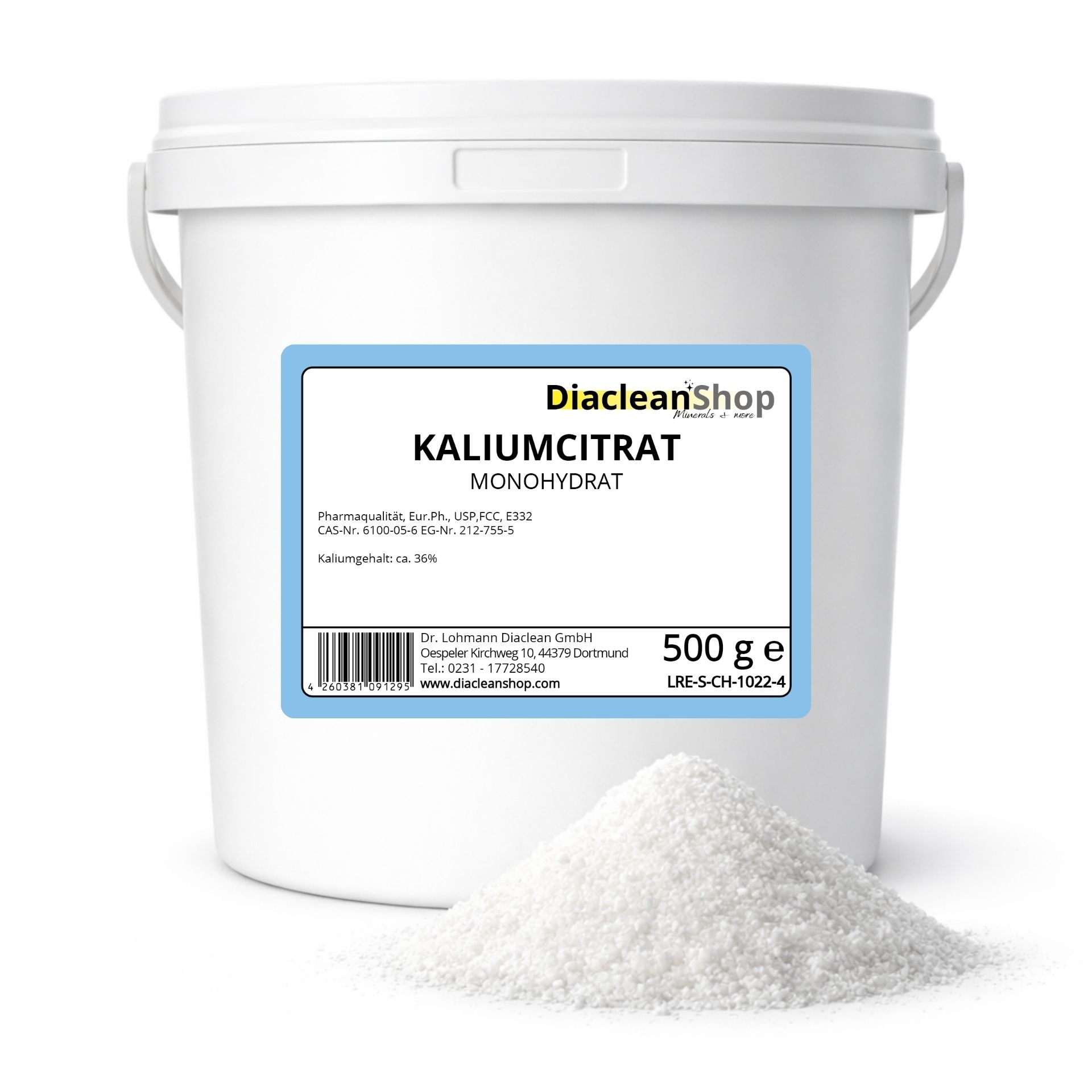 Weisser Kunststoffeimer mit blauem Etikett und der Aufschrift Kaliumcitrat 500g von Diacleanshop