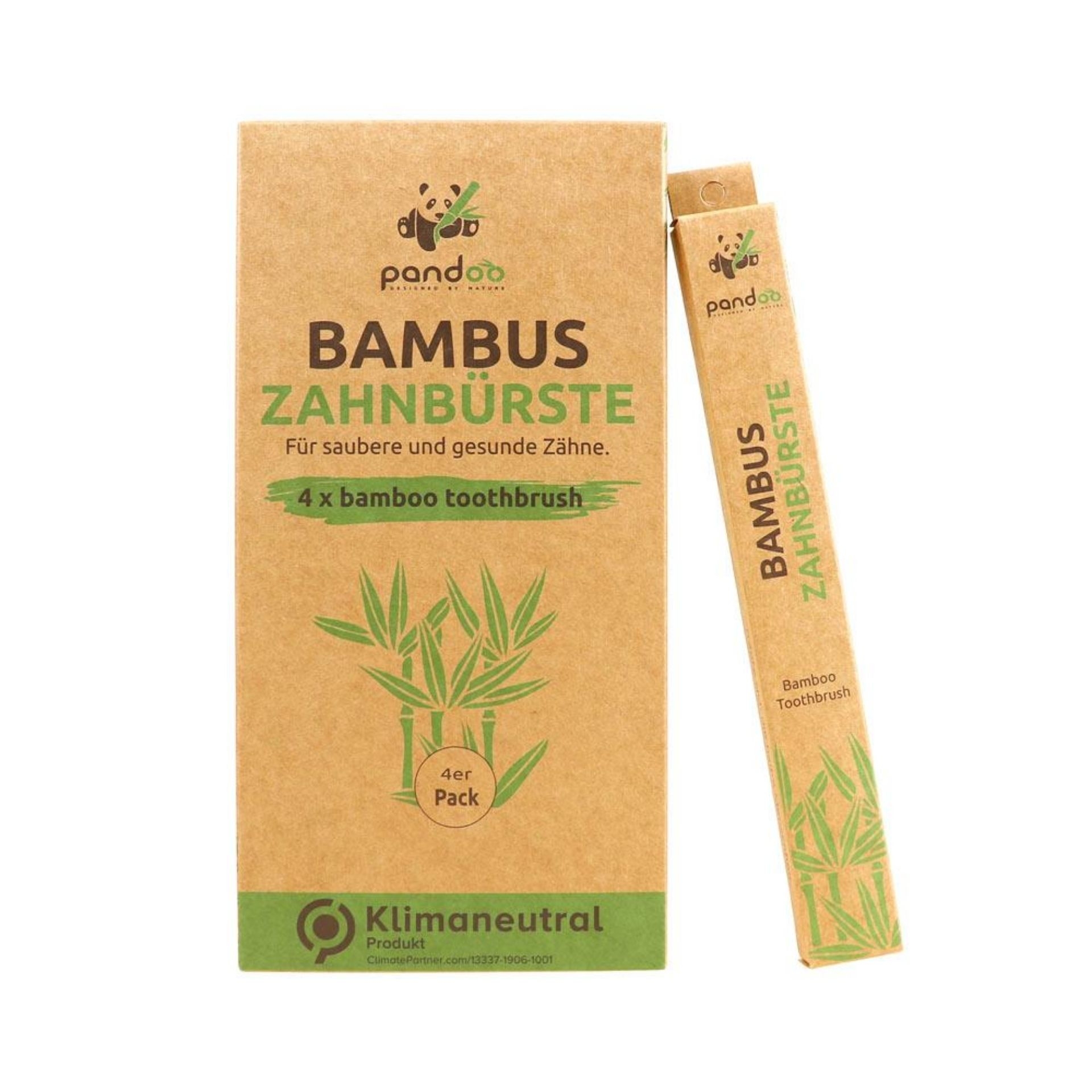 pandoo Bambus Zahnbuersten 4er Pack in brauner Produktverpackung mit einzelner Zahnbuerstenbox