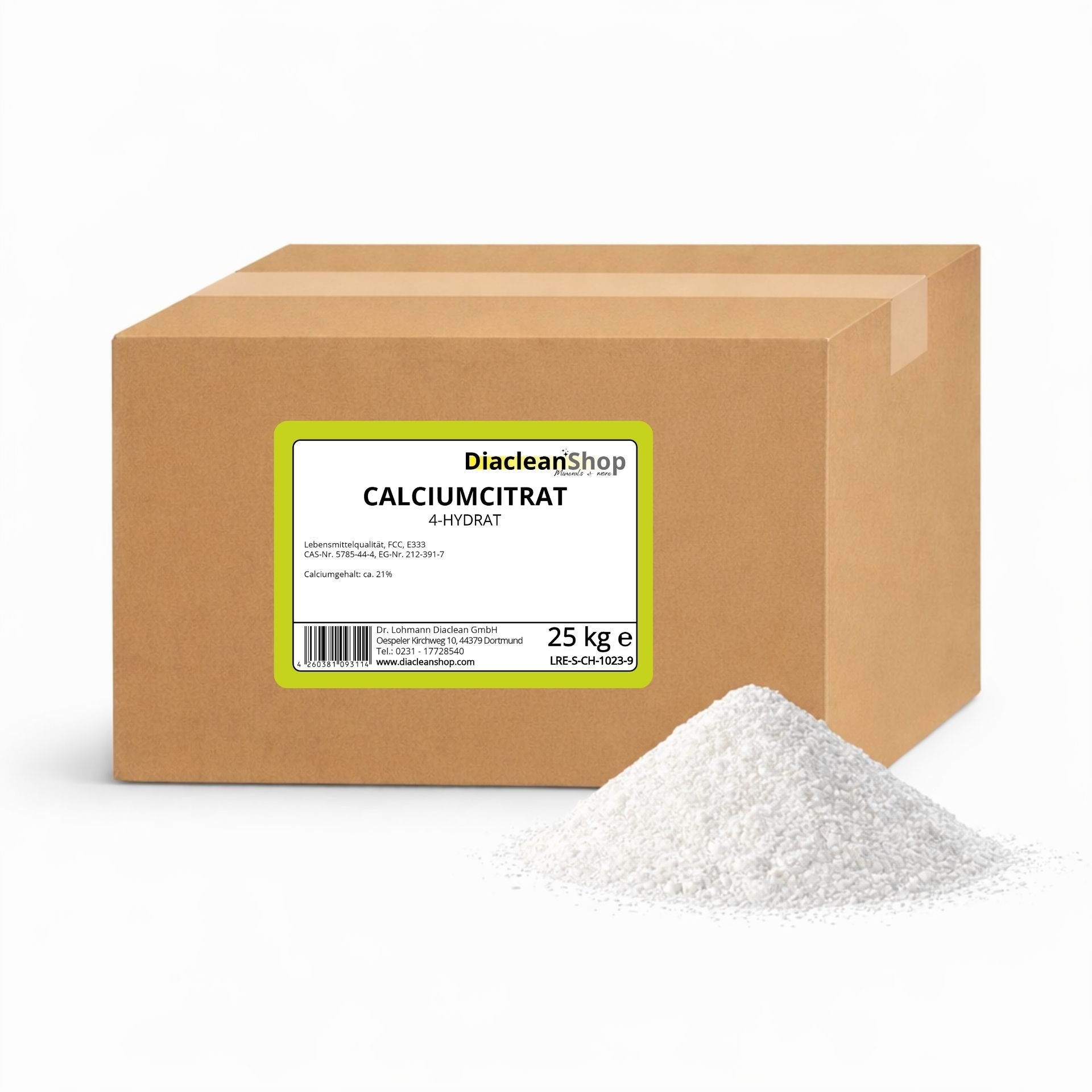 Brauner Karton mit Etikett „Calciumcitrat 25 kg“ vom Diacleanshop_ daneben ein weisser Pulverhaufen auf weissem Hintergrund