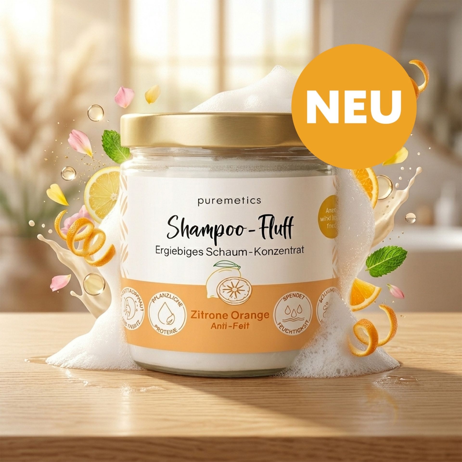 Puremetics Shampoo-Fluff Zitrone Orange mit Schaum_ Zitrusfruechten und Hinweis auf Neuheit