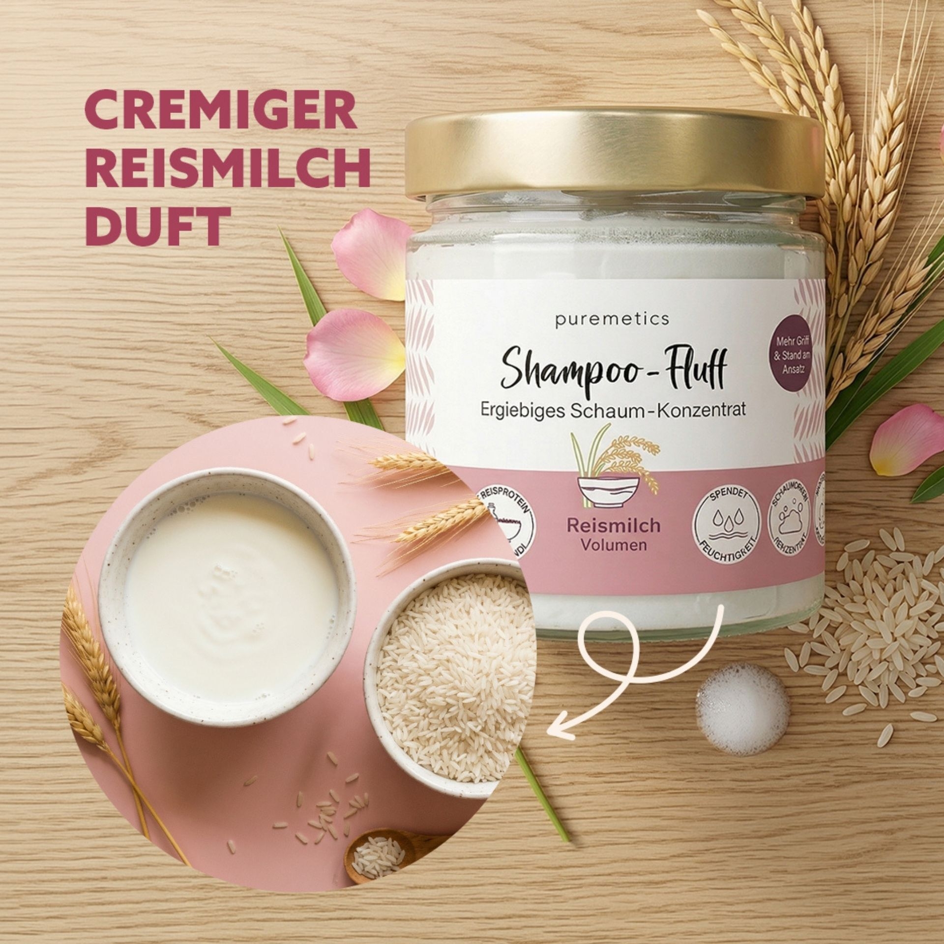 Shampoo-Fluff Reismilch mit cremigem Duft und pflegender Haarreinigung