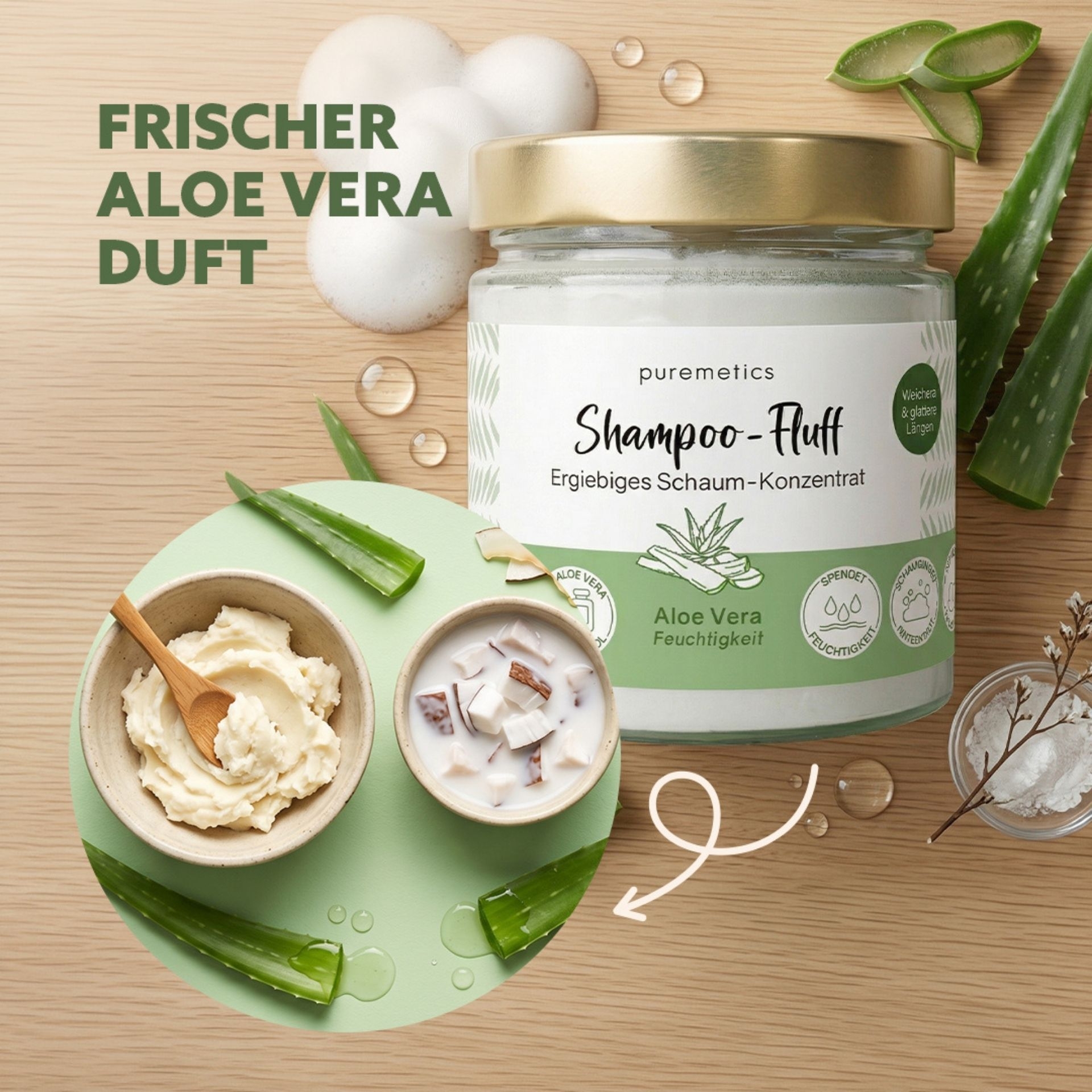 Shampoo-Fluff Aloe Vera mit frischem Duft und cremiger Pflege im Glas