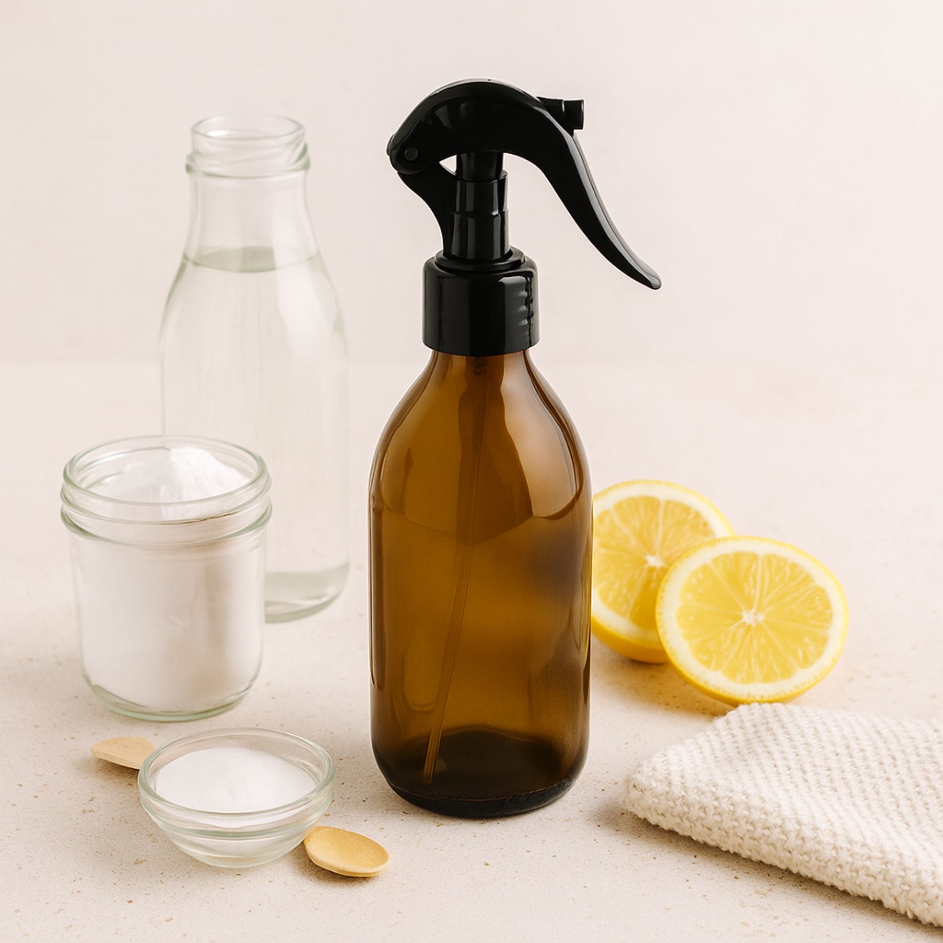Braune Glasflasche 250ml mit schwarzem Mini-Trigger-Spruehkopf_ dekorativ mit Zitronen_ Glasbehaeltern und Tuch arrangiert