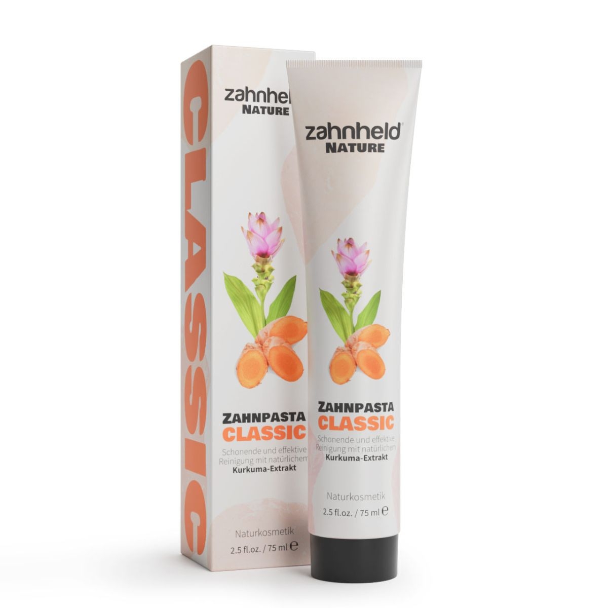 Zahnheld Nature Zahnpasta Classic mit Kurkuma-Extrakt in Tube vor Verpackung_ Vorderseite sichtbar