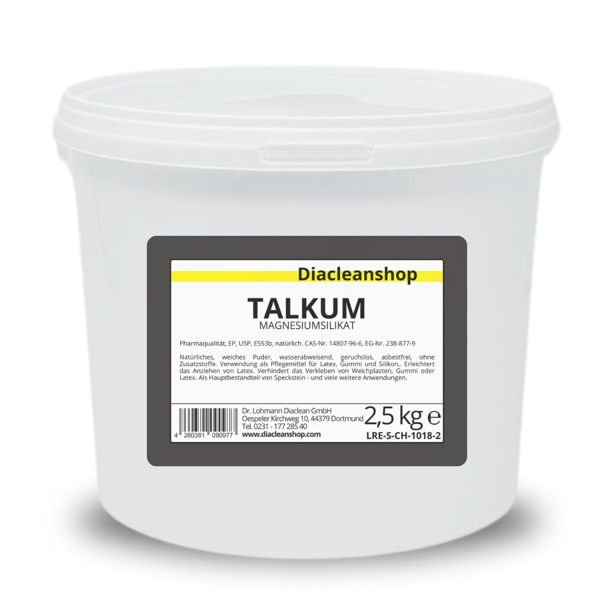Eimer mit Talkum 2_5kg von Diacleanshop_ pharmazeutische Qualitaet_ weisses Etikett mit Produktinfos