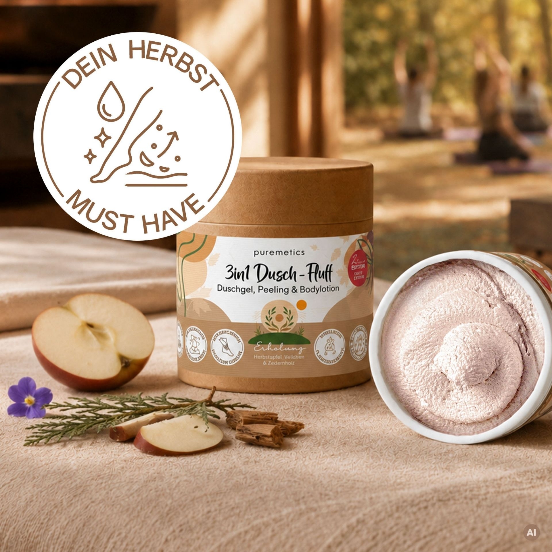 3in1 Dusch-Fluff Einklang geoeffnet mit sichtbarer Textur neben Apfel_ Veilchen und Zedernholz