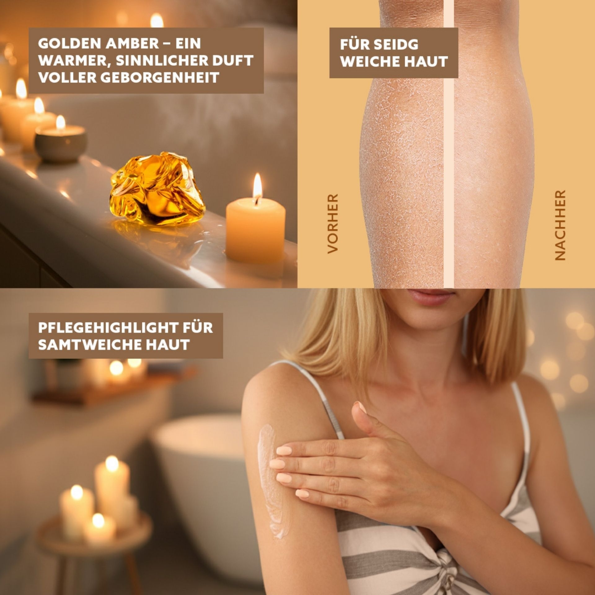 Golden Amber Duftszene mit Kerzen_ Vorher-Nachher Hautbild und Pflegeanwendung