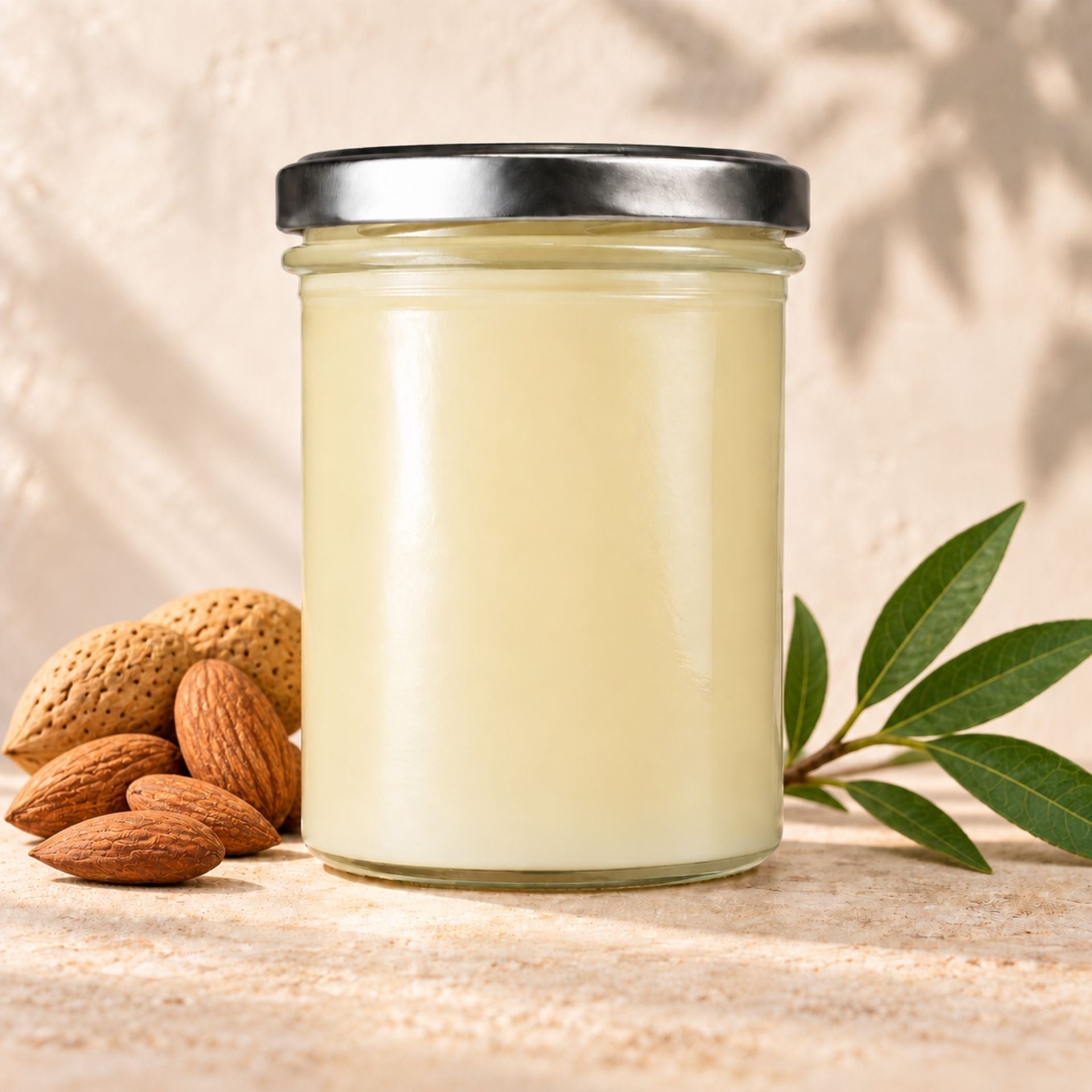 Bio Mandelbutter 350 ml im Glas mit Metalldeckel_ Mandeln und gruenen Blaettern