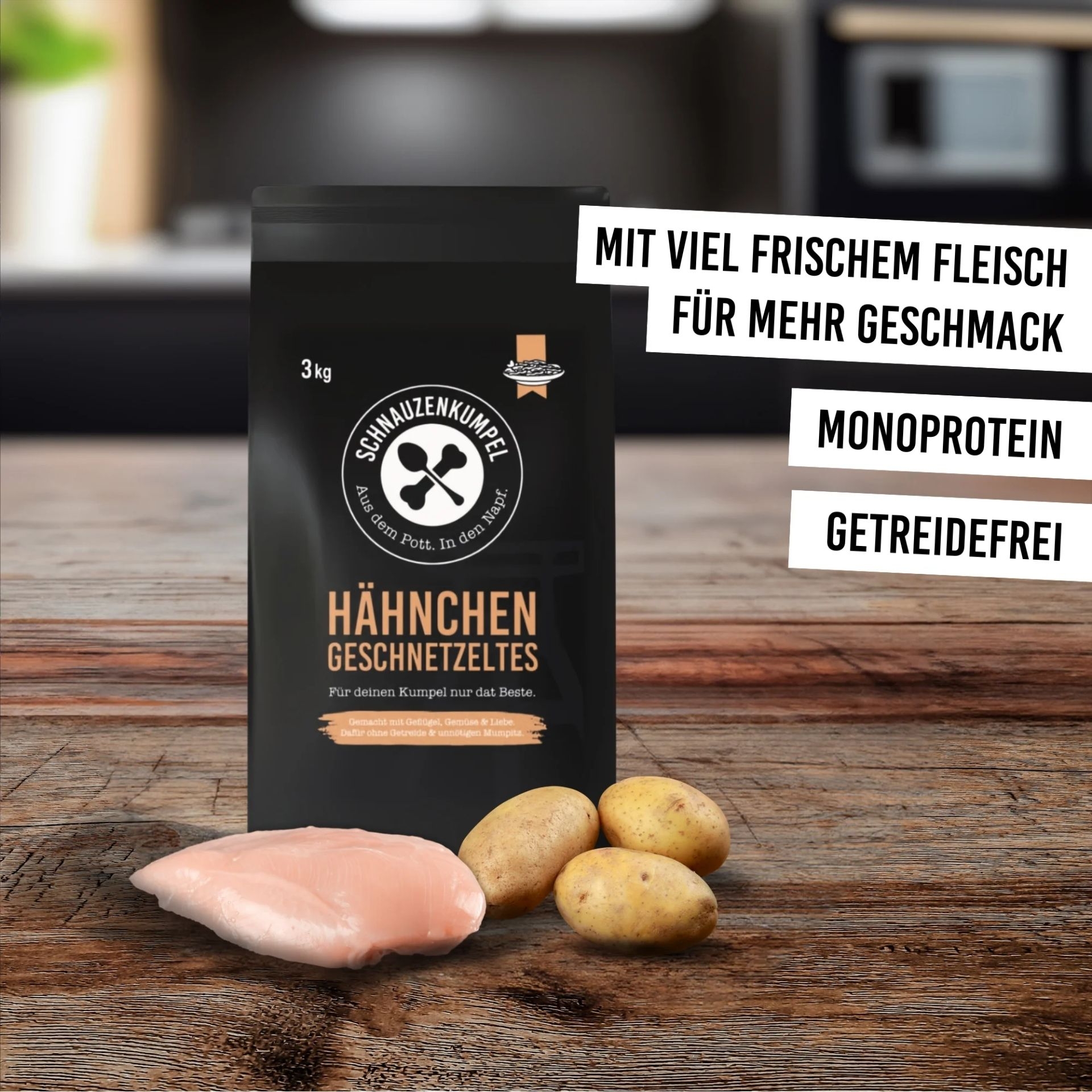 Schnauzenkumpel Haehnchengeschnetzeltes mit Haehnchenbrust_ Kartoffeln sowie den Vorteilen Monoprotein und getreidefrei