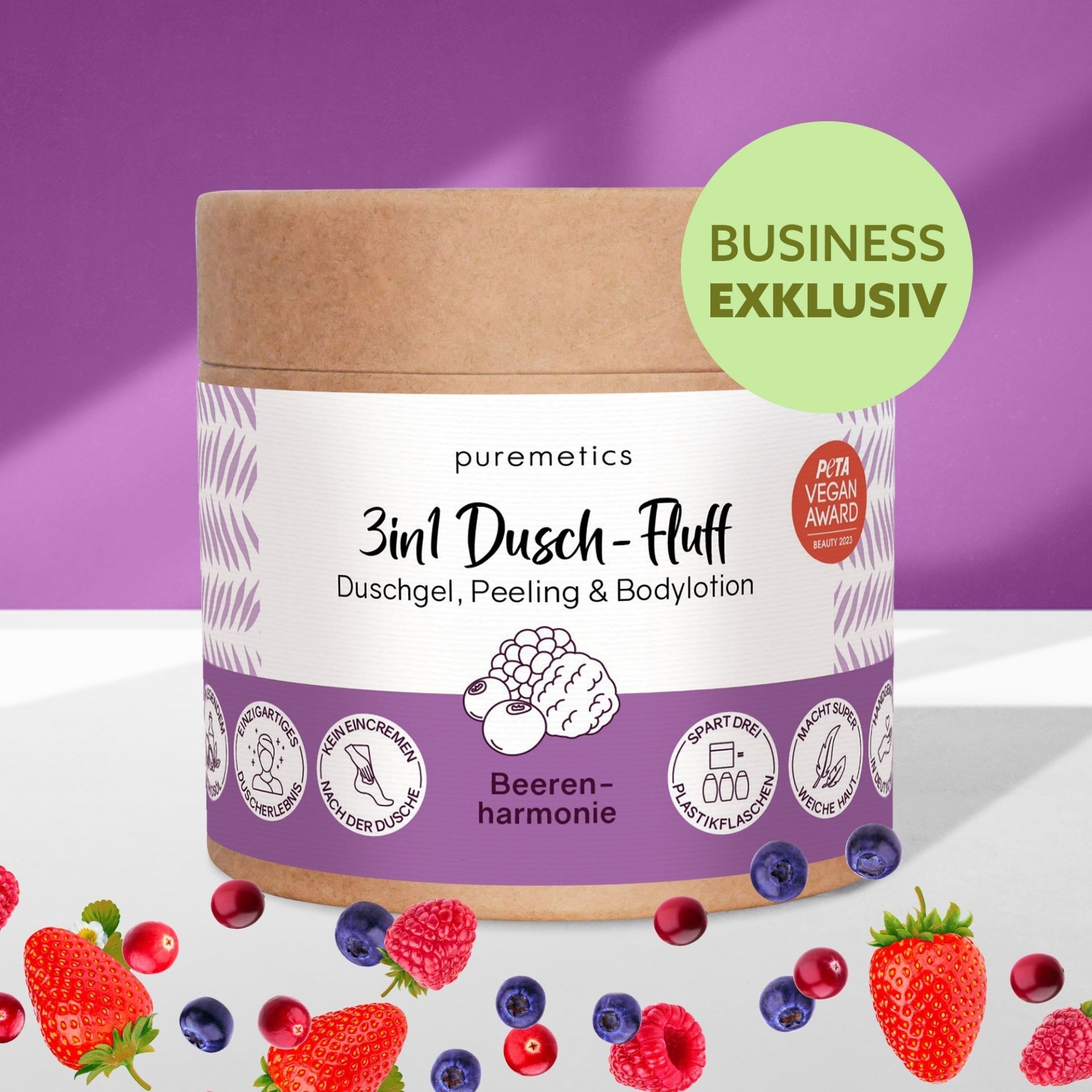 3in1 Dusch-Fluff Beerenharmonie im Tiegel mit Beerenmotiv und Hinweis Business Exklusiv