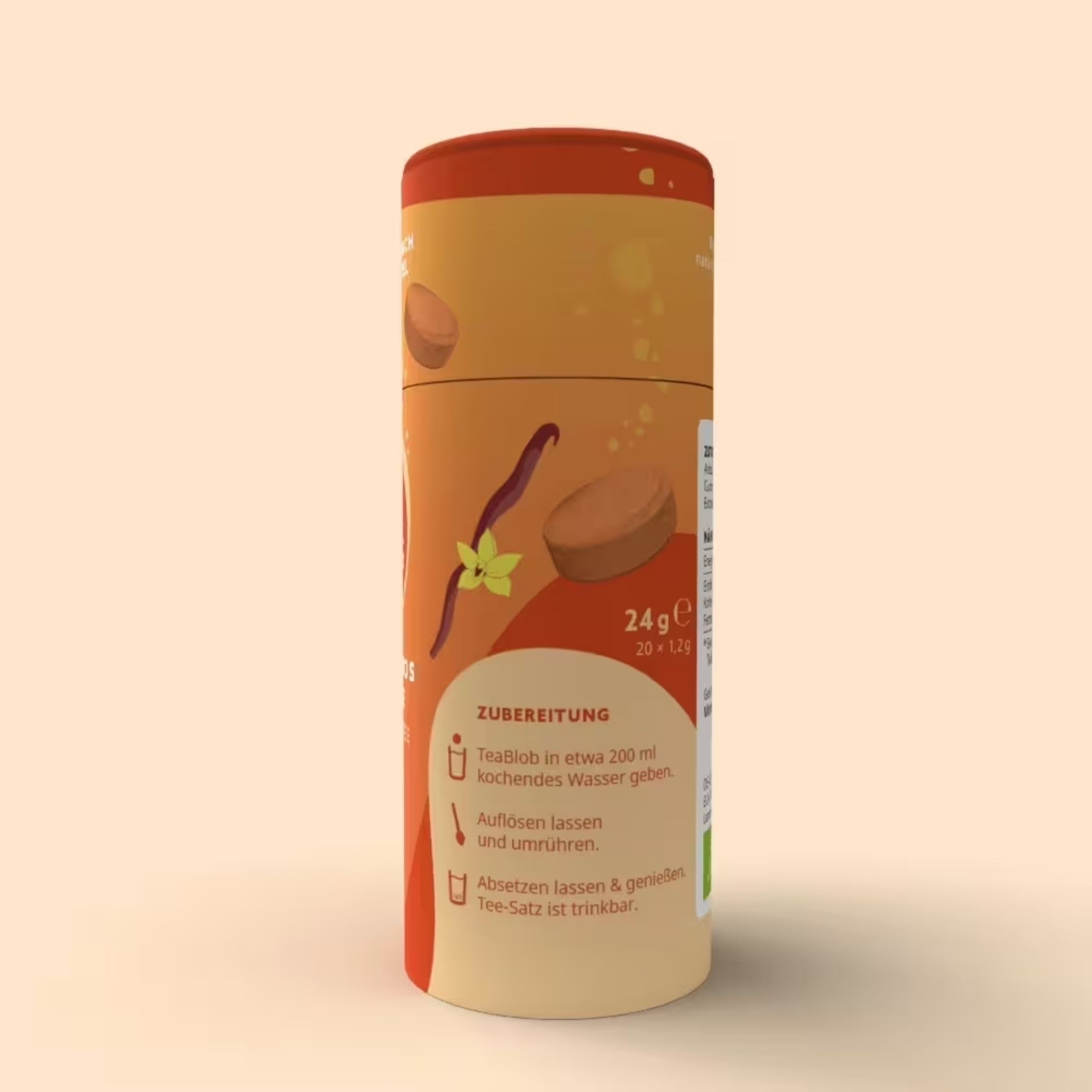 TeaBlobs BIO Rooibos Vanille Dose mit seitlicher Zubereitungsanleitung und Angabe 24 g