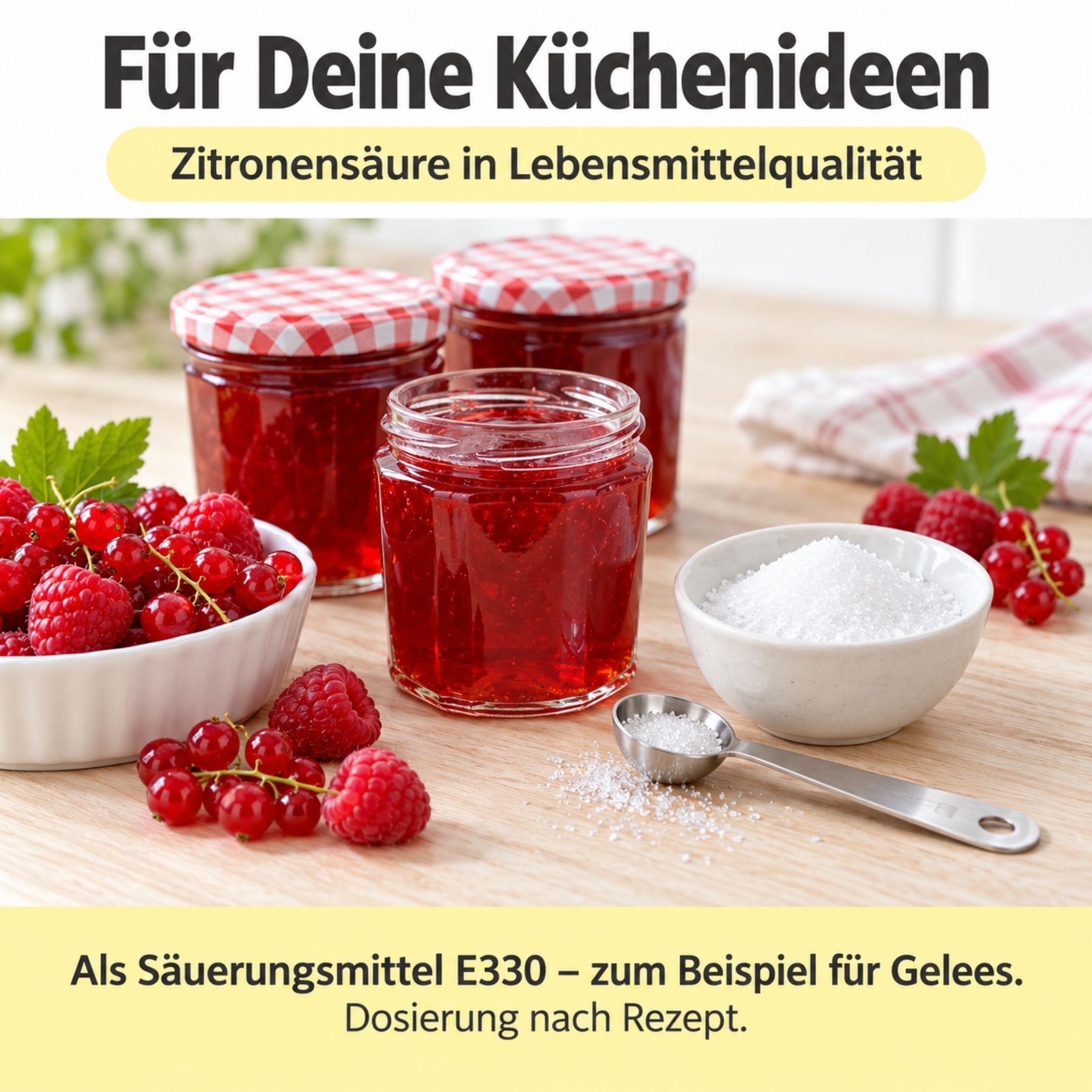 Zitronensaeure in Lebensmittelqualitaet neben Beeren und Glaesern mit rotem Gelee