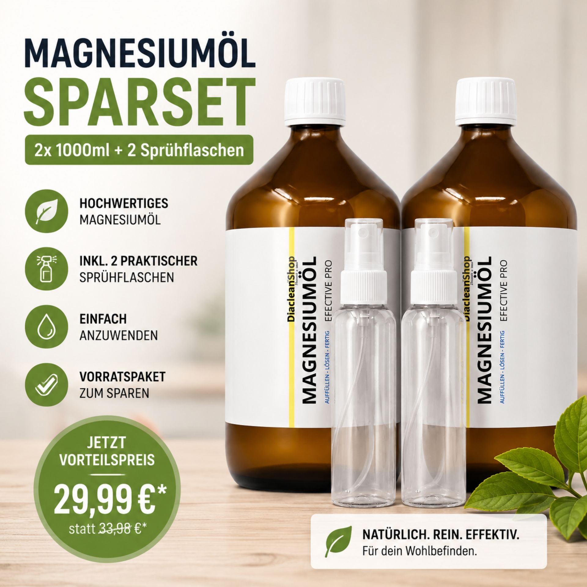 Magnesiumoel SparSet mit zwei Flaschen_ Spruehflaschen und Produktvorteilen im Ueberblick
