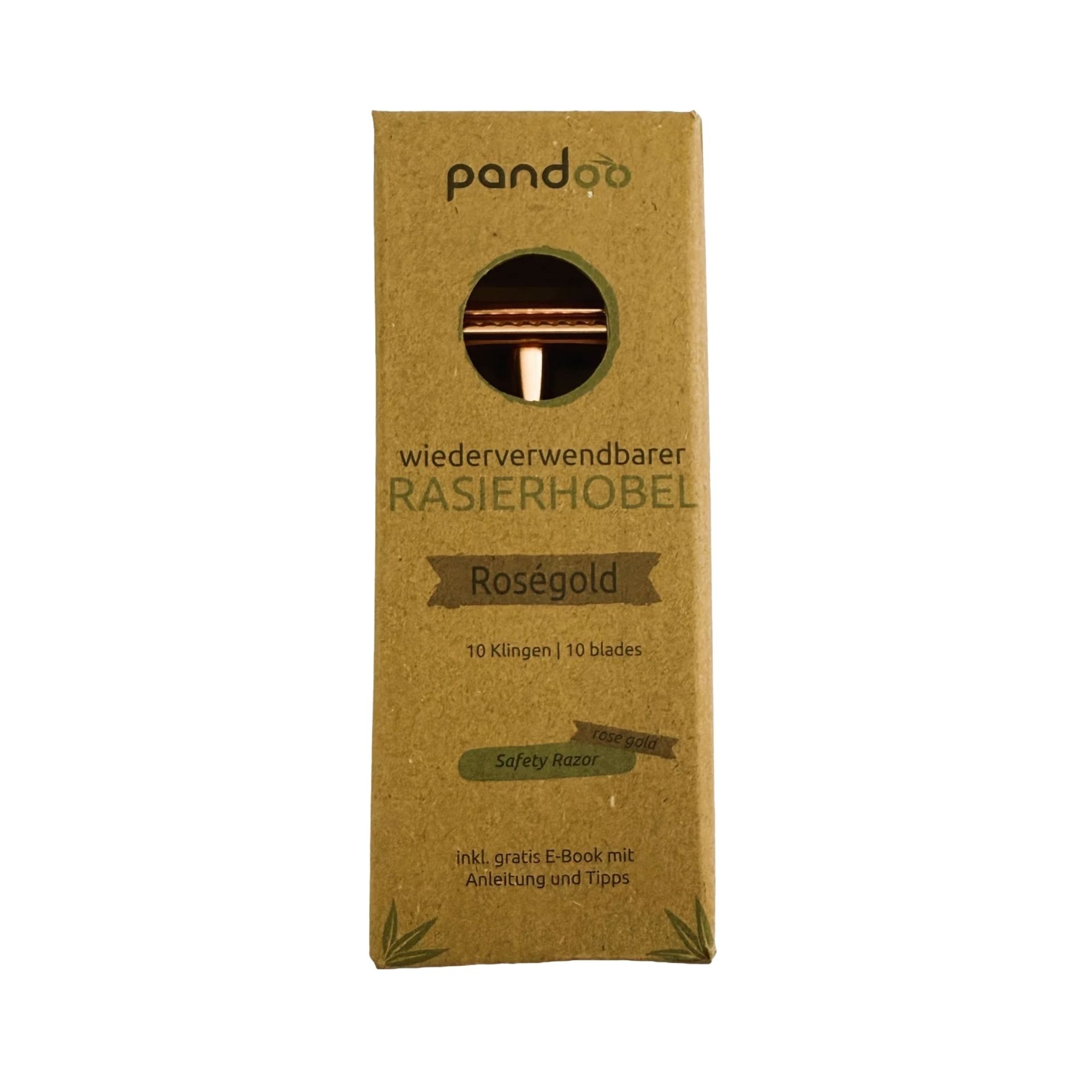 pandoo Rasierhobel Roségold in brauner Produktverpackung mit Sichtfenster