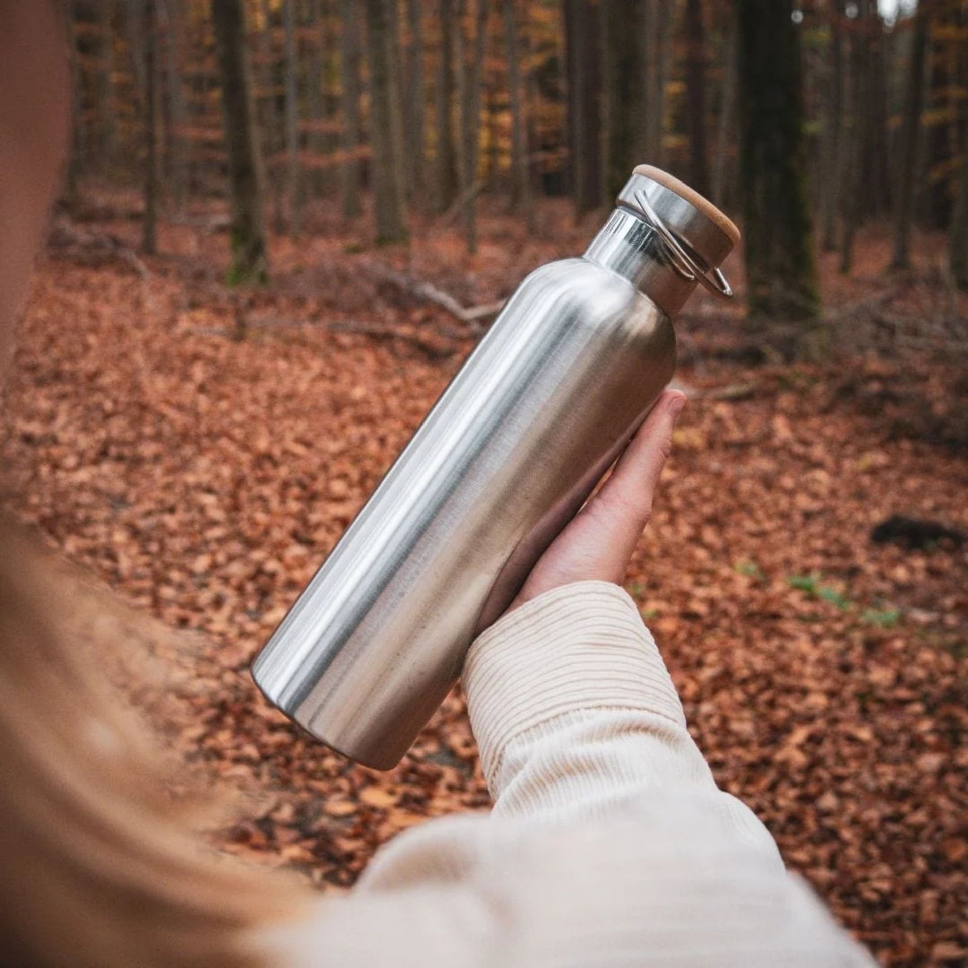 pandoo Edelstahl Trinkflasche 750 ml in der Hand bei einem Spaziergang im herbstlichen Wald