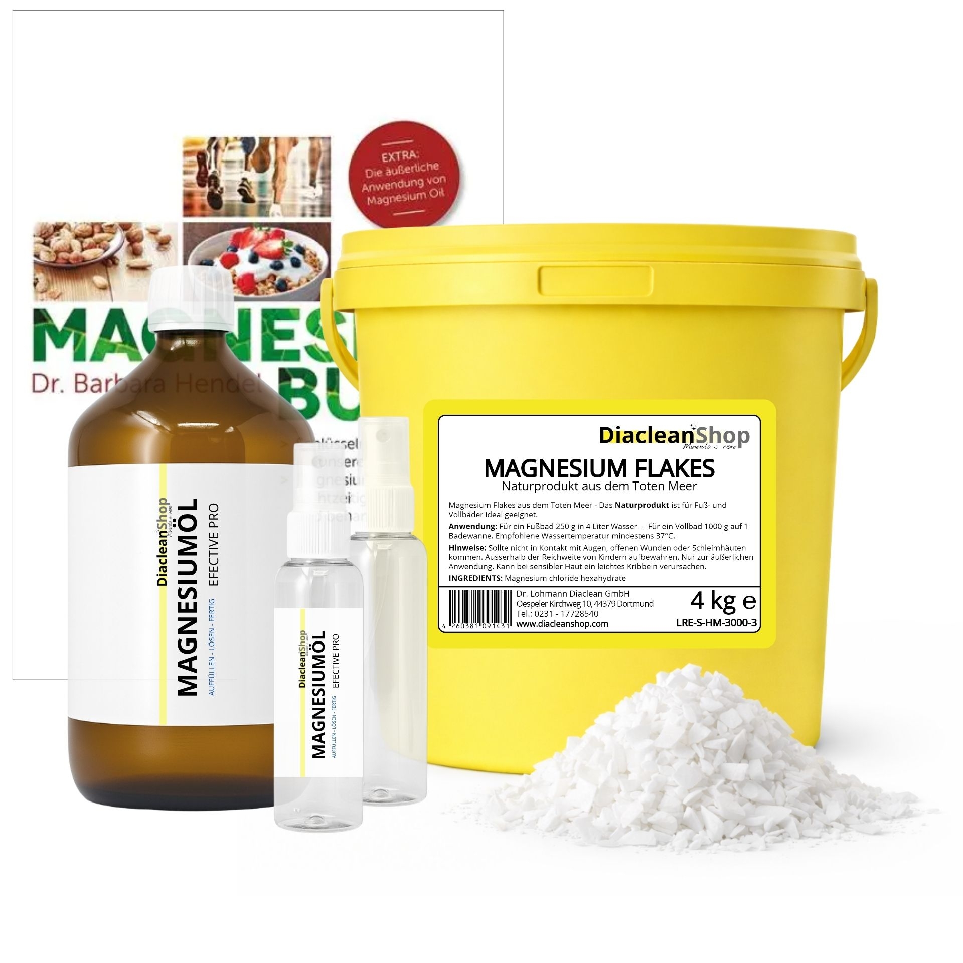 Magnesium Starter Set mit Magnesium Flakes_ Magnesiumoel_ Spruehflaschen und Magnesium-Buch