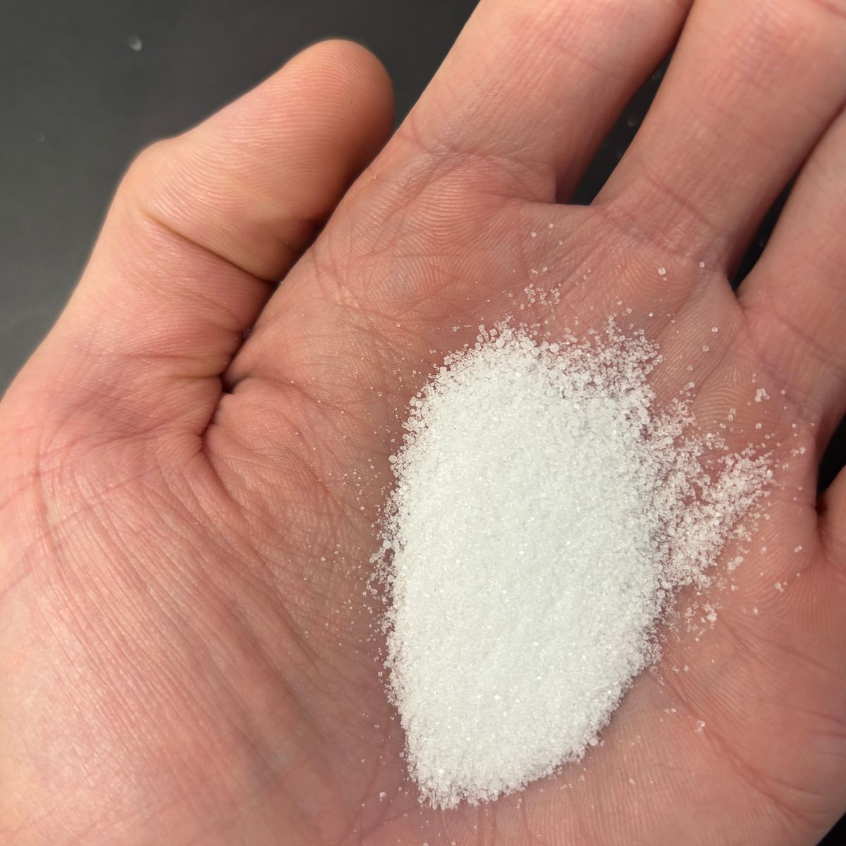 Feines weisses Natriumchlorid in einer geoeffneten Hand