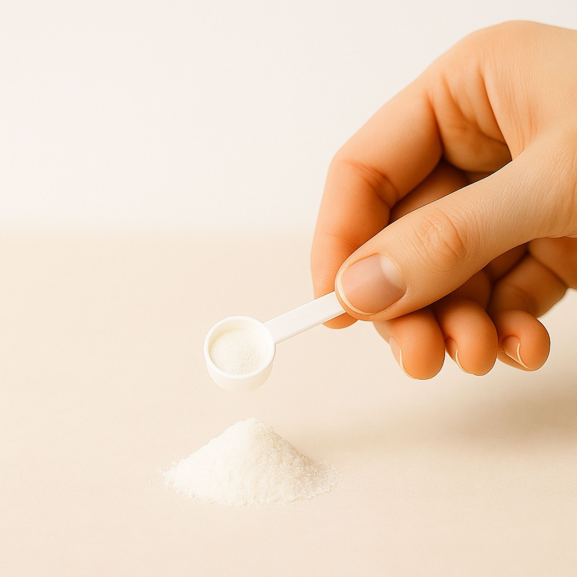 Hand dosiert Pulver mit einem 1ml Messloeffel