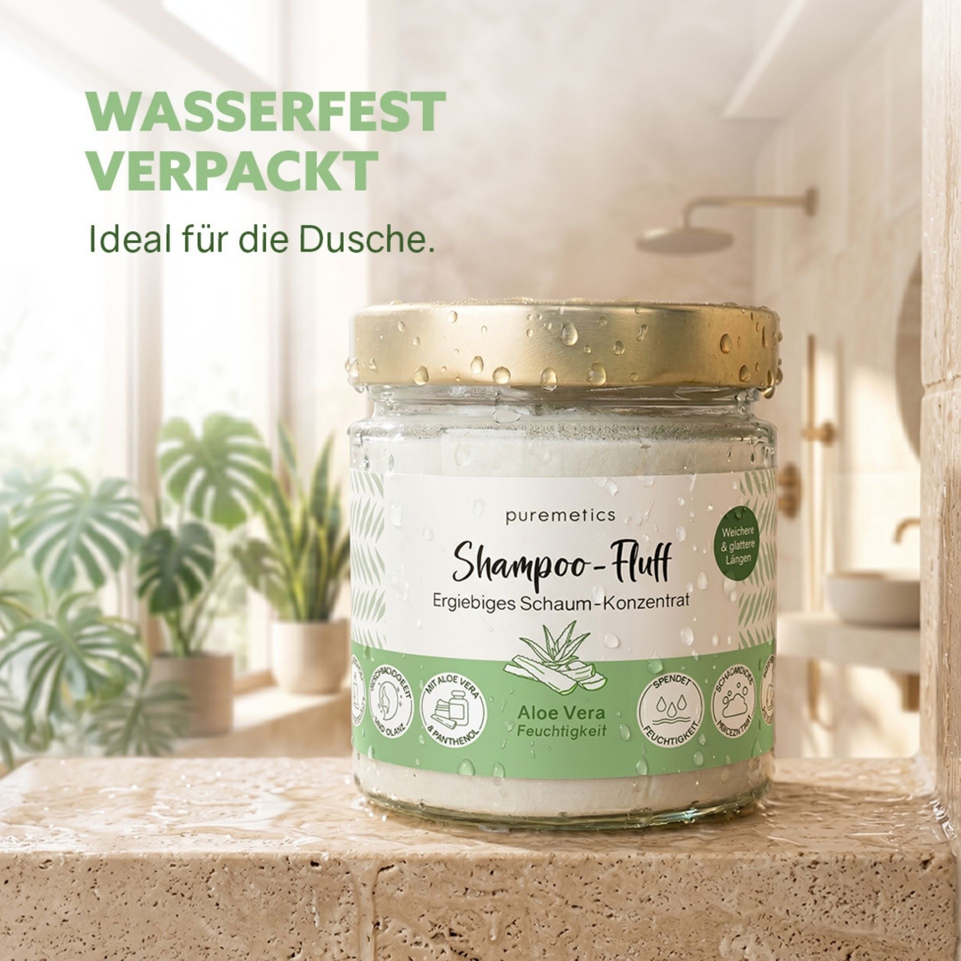 Wasserfest verpacktes Shampoo-Fluff im Glas ideal fuer Dusche und Badezimmer
