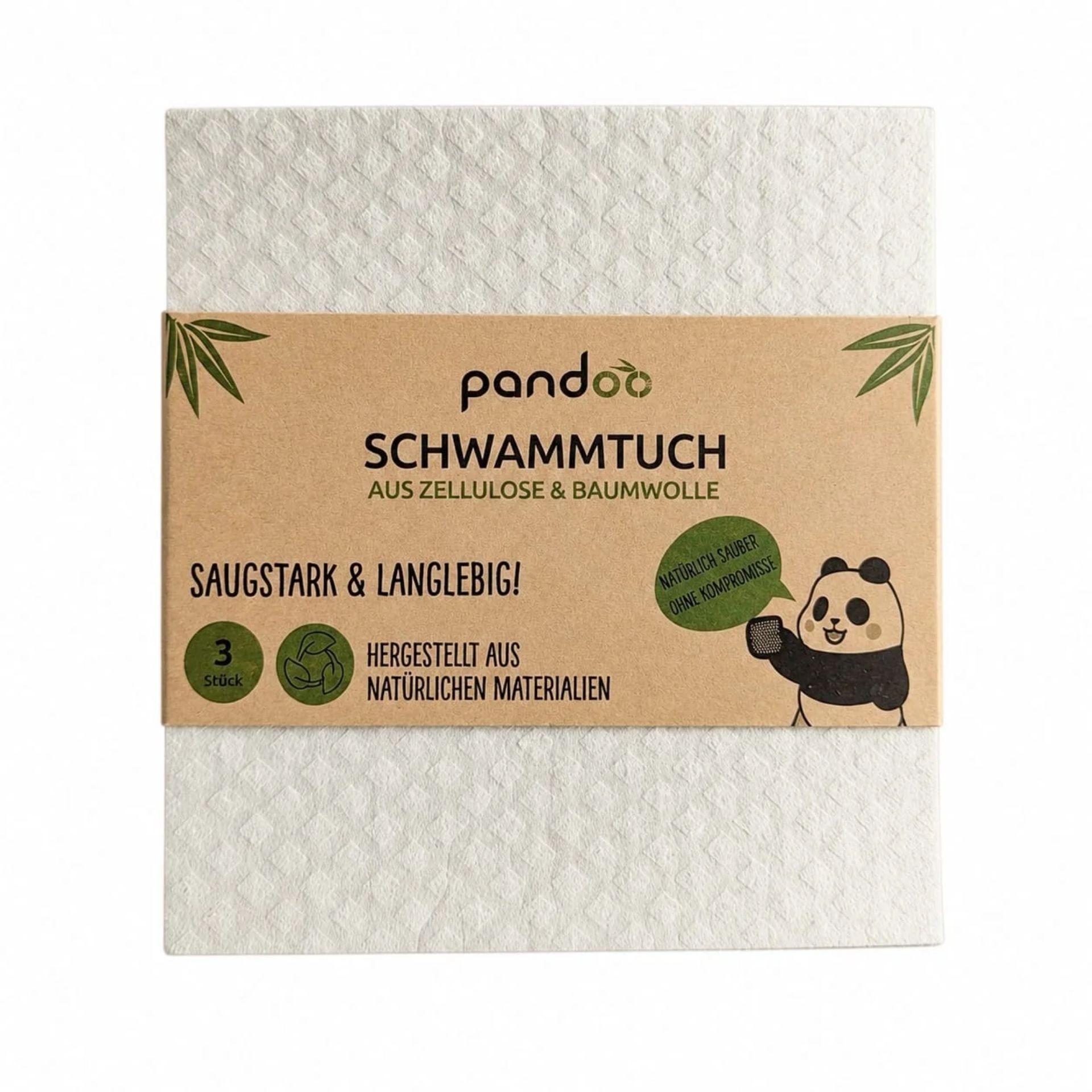 pandoo Schwammtuch 3er Set aus Zellulose und Baumwolle mit Papierbanderole