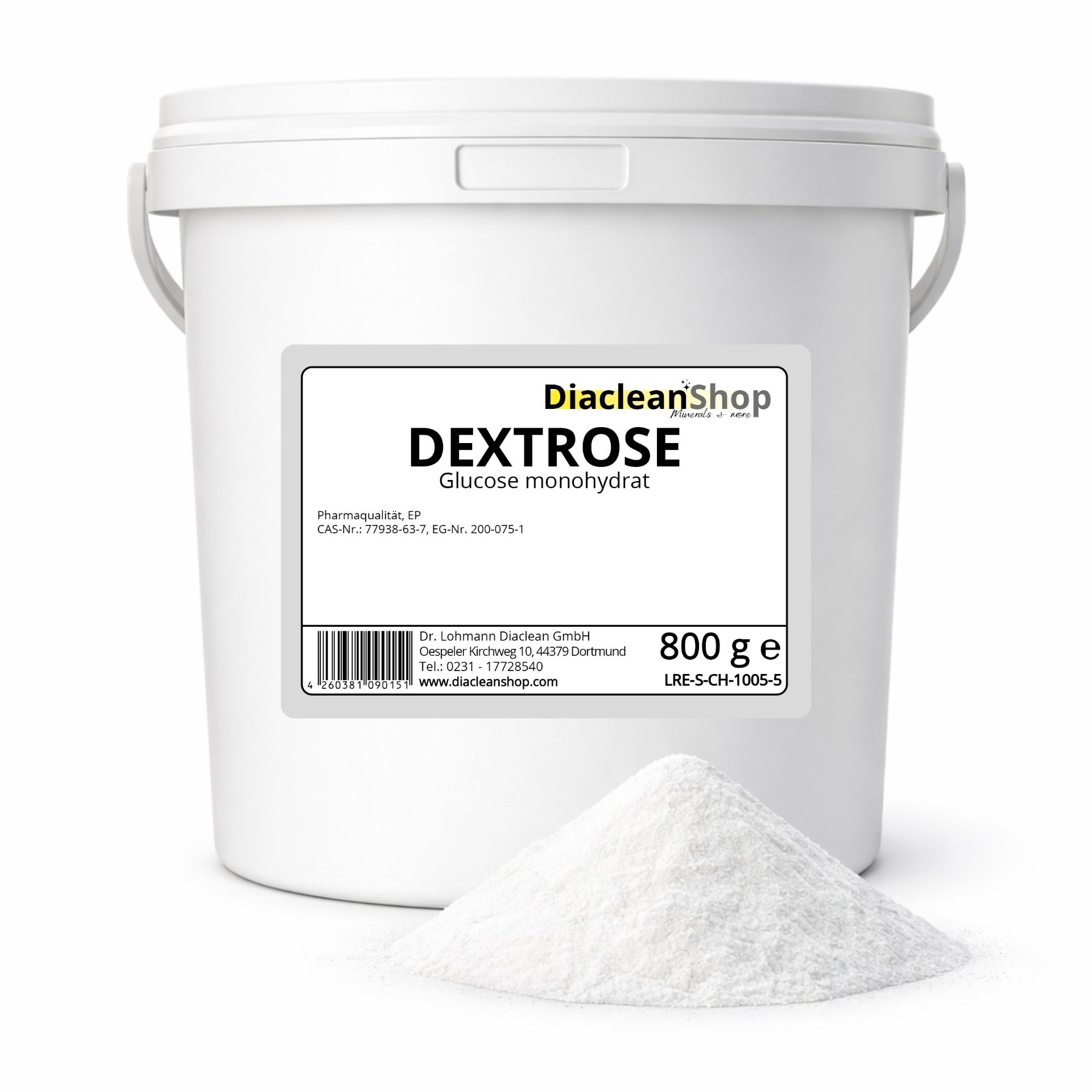Weisser Eimer Diacleanshop Dextrose Glucose Monohydrat 800g mit Produktetikett