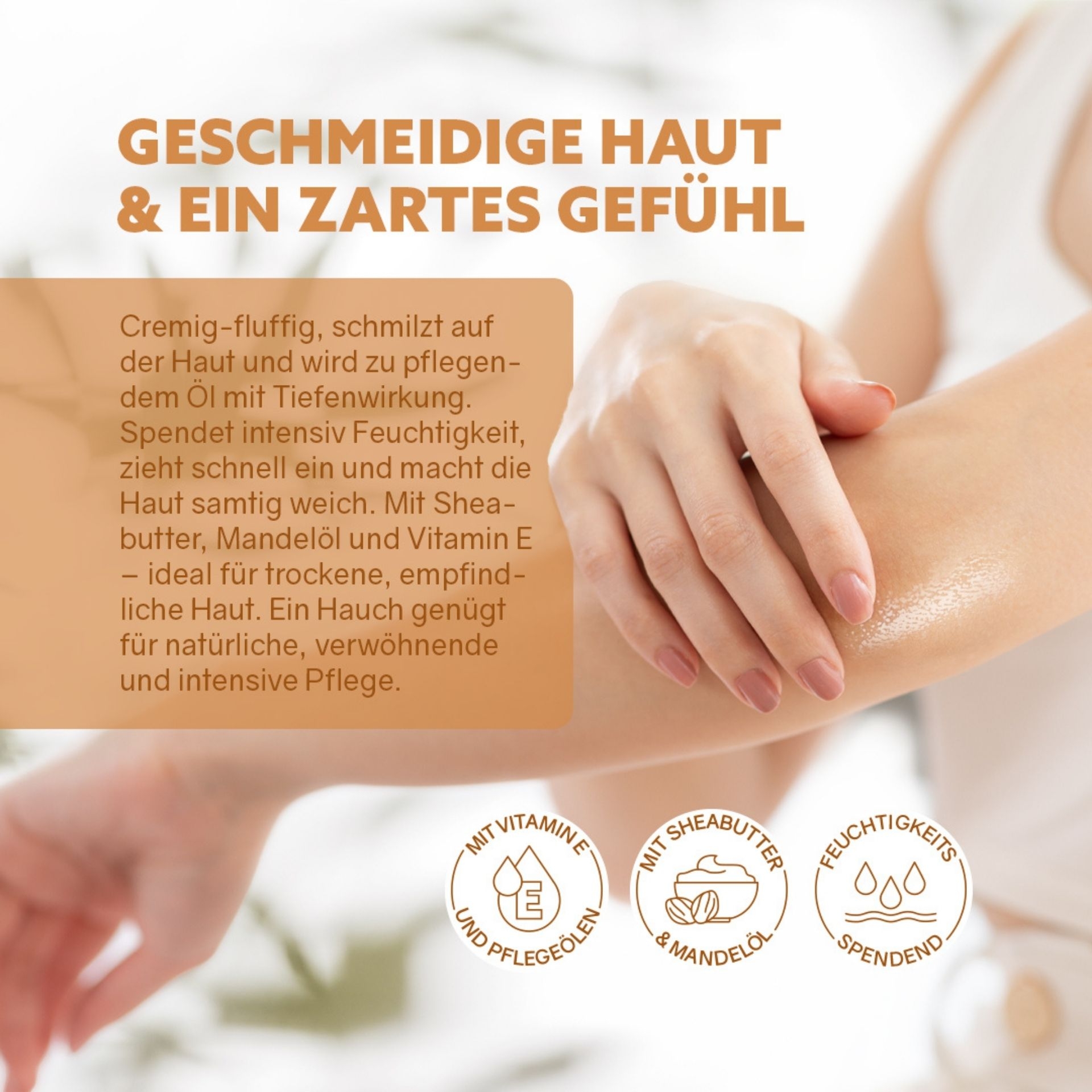 Cremige Bodybutter wird auf den Arm aufgetragen fuer geschmeidige Haut