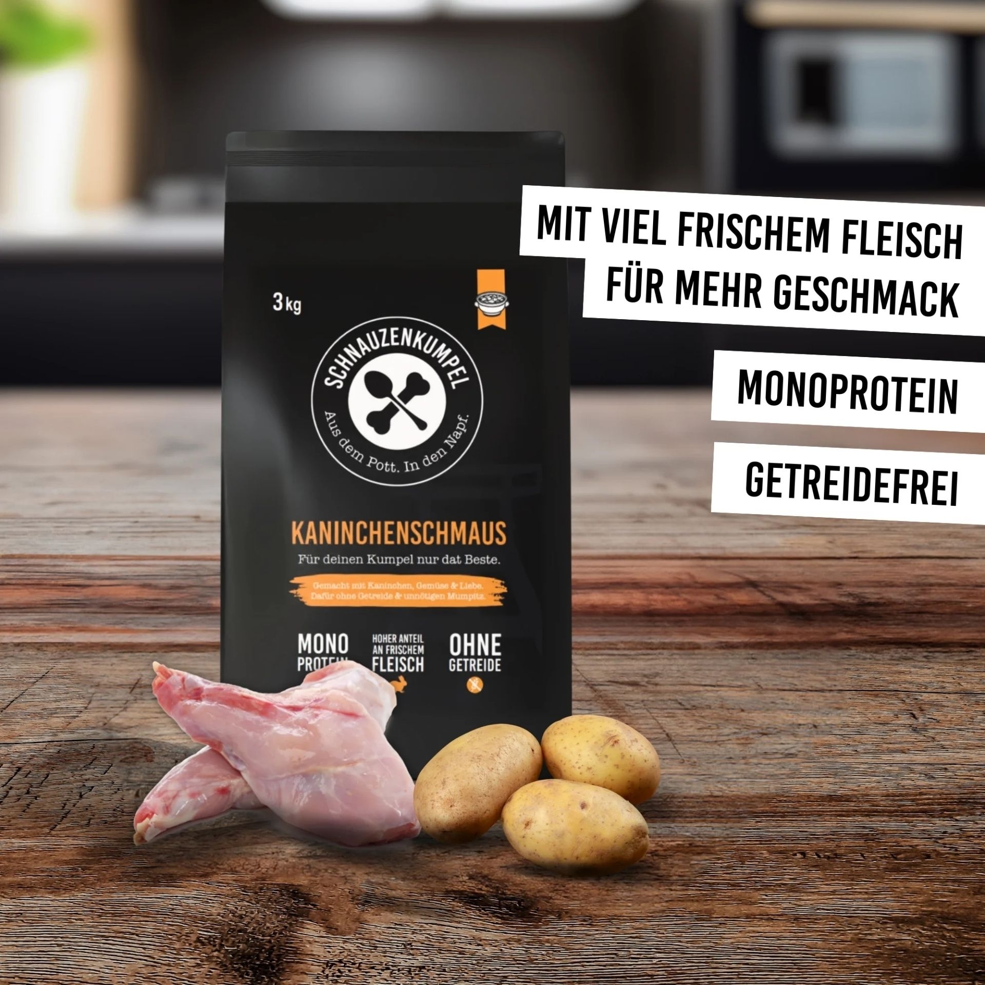 Schnauzenkumpel Kaninchenschmaus 3 kg mit frischem Kaninchen und Kartoffeln sowie den Vorteilen Monoprotein und getreidefrei