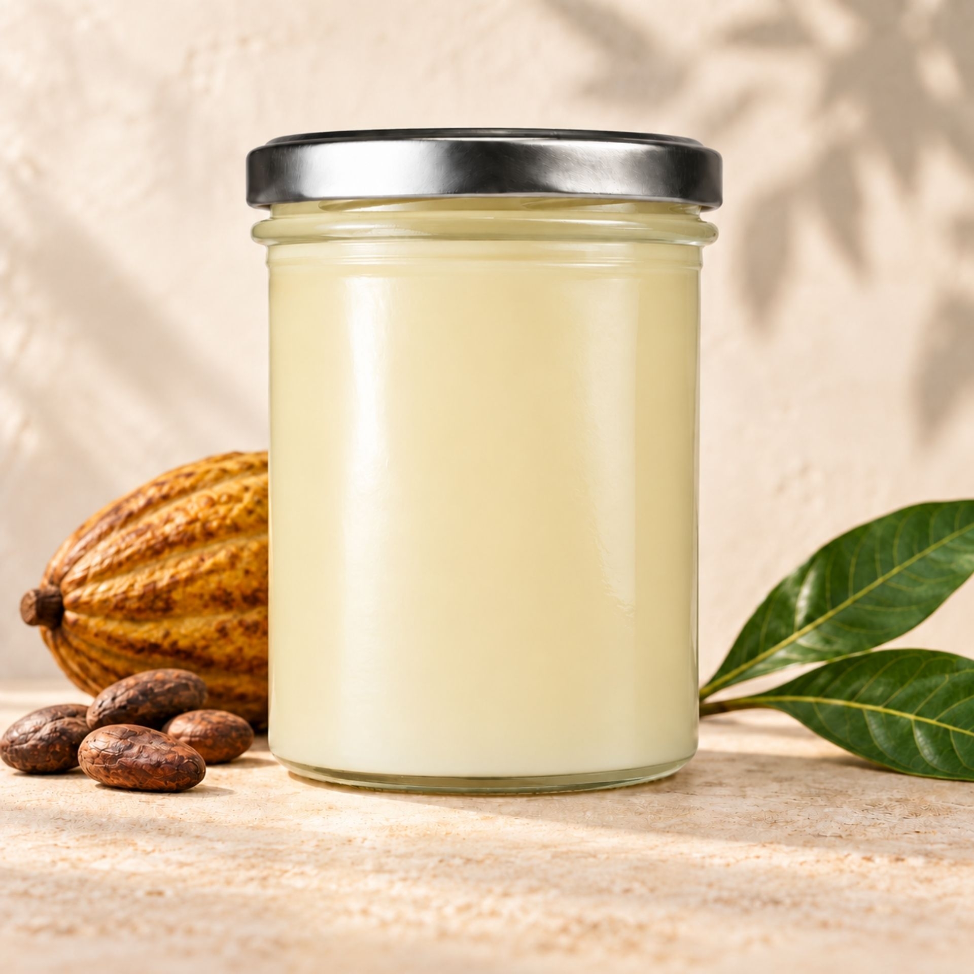 Reine Bio Kakaobutter 350 ml im Glas mit Metalldeckel_ Kakaofrucht_ Kakaobohnen und gruenen Blaettern