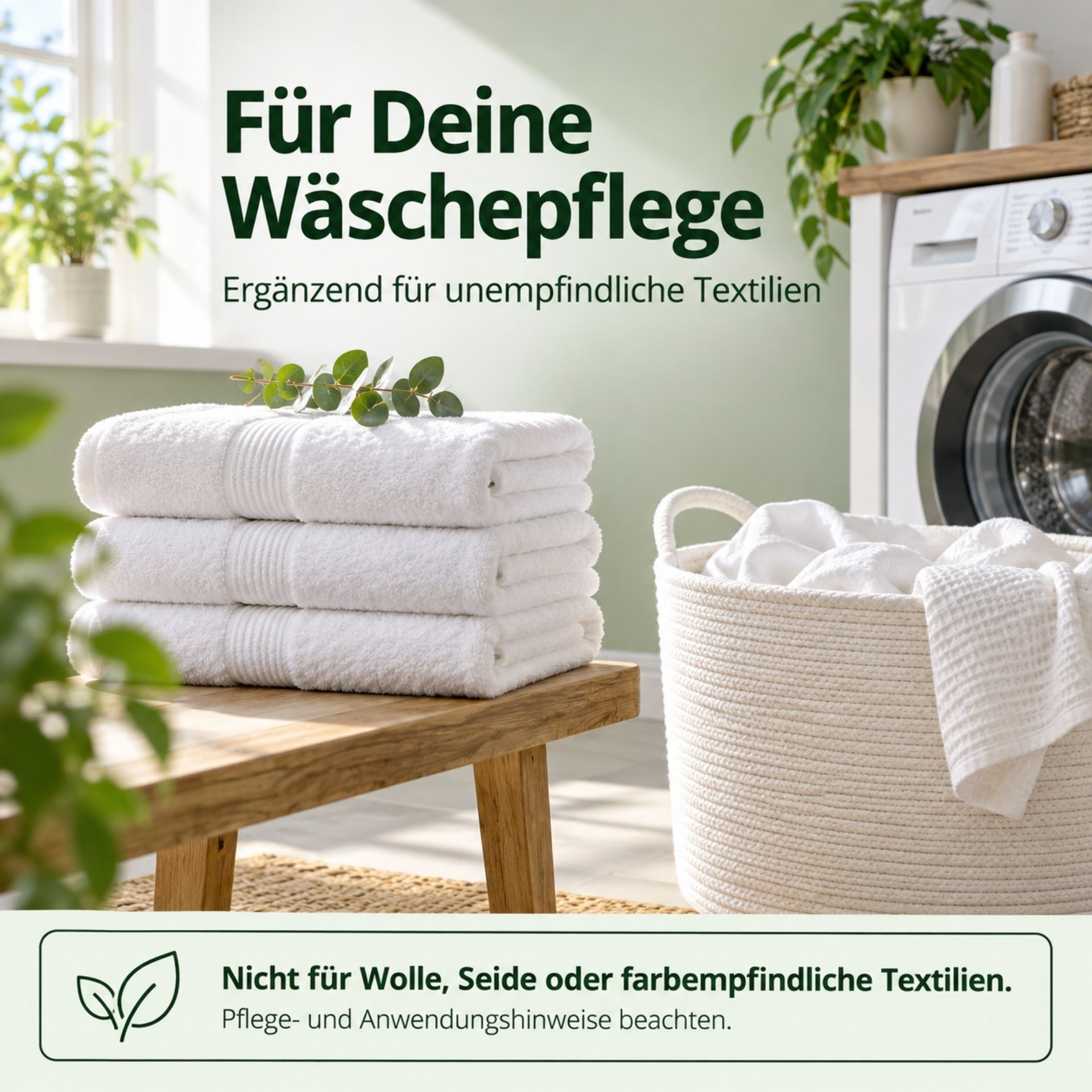 Waschsoda zur Waeschepflege mit weissen Handtuechern_ Waeschekorb und Waschmaschine