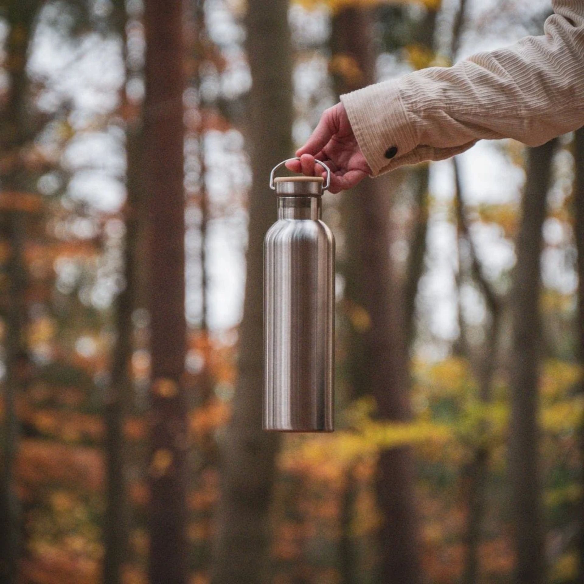 pandoo Edelstahl Trinkflasche 750 ml am Tragebuegel gehalten vor herbstlicher Waldkulisse