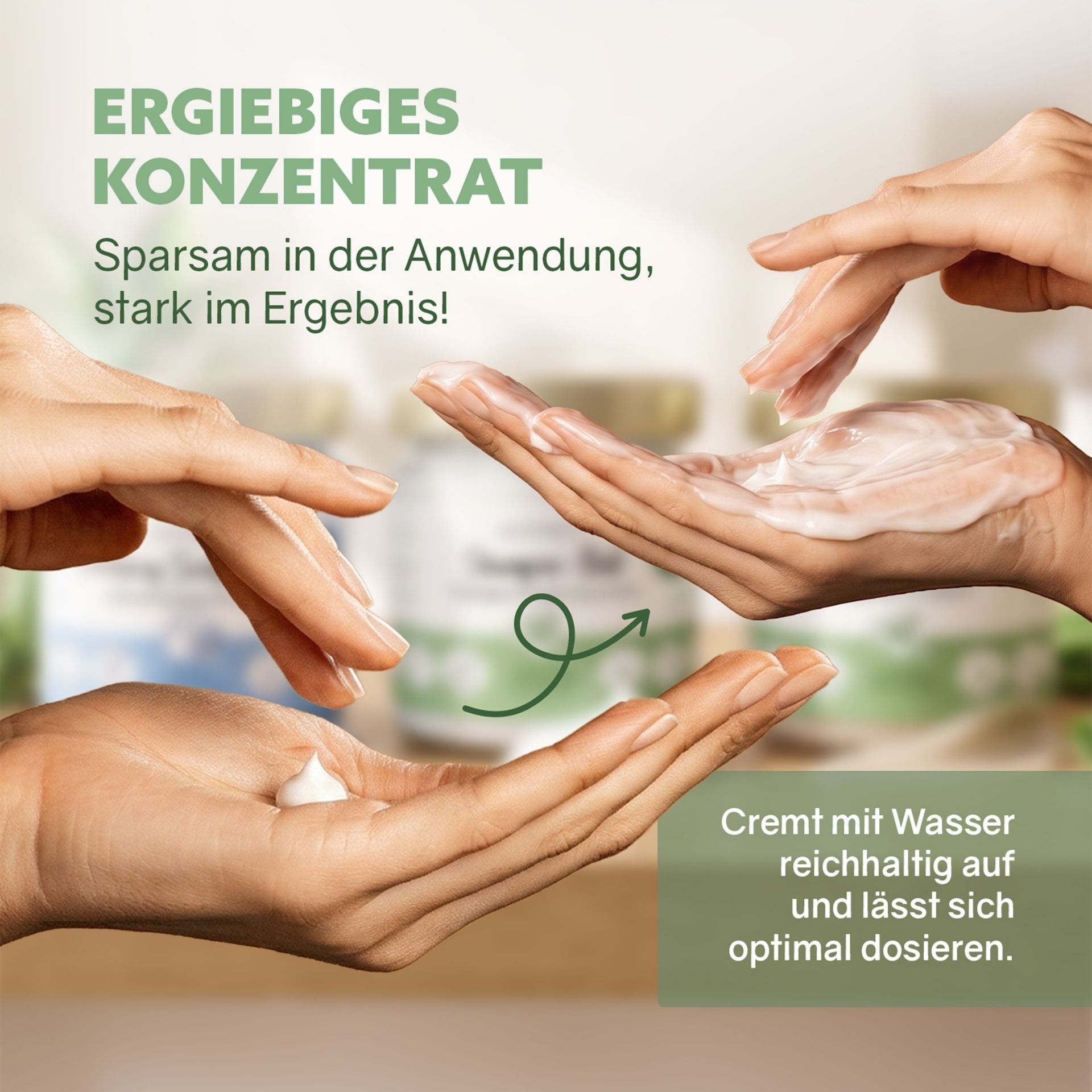 Haende mit Conditioner-Cream zur sparsamen Anwendung und optimalen Dosierung dargestellt