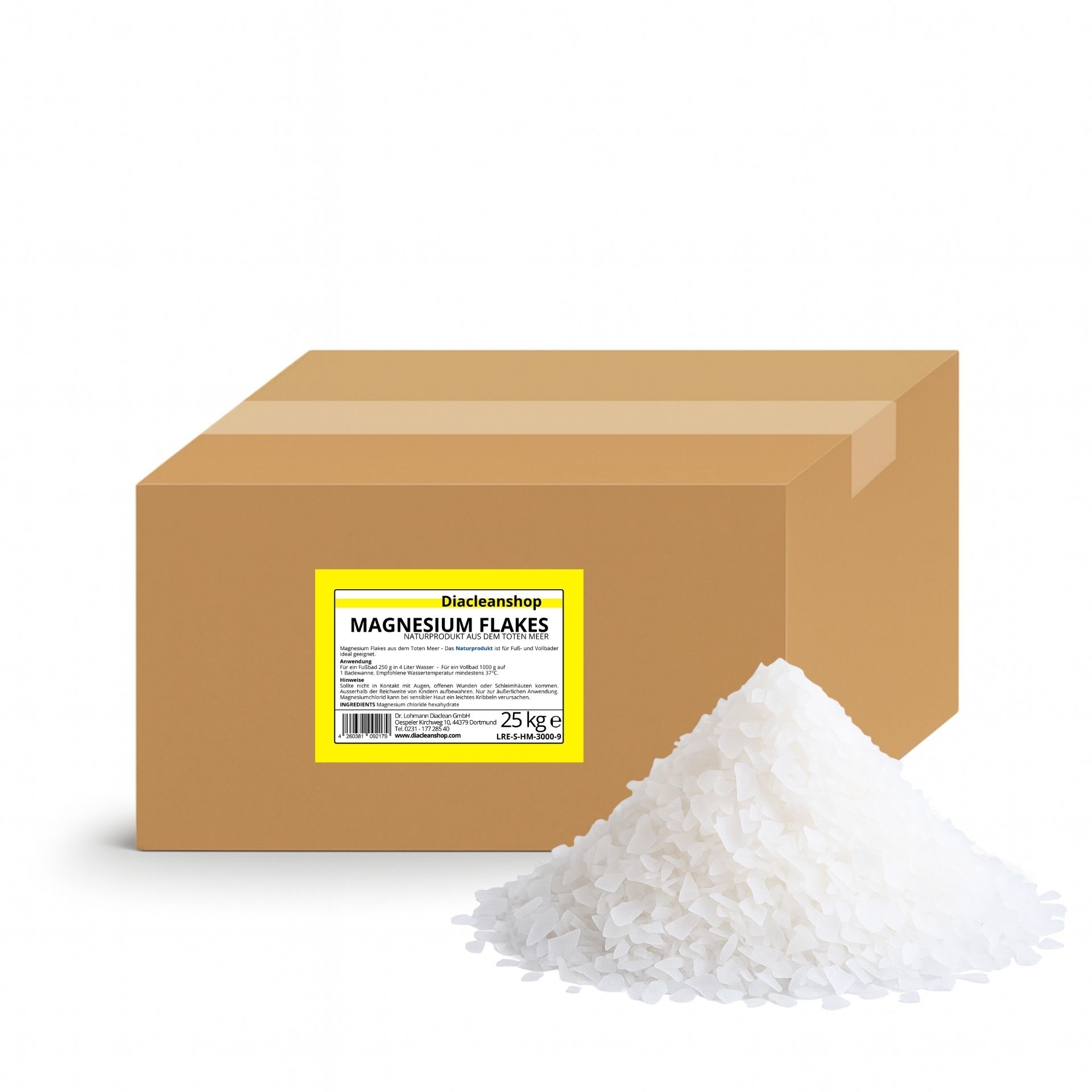 Brauner Karton mit Etikett „Magnesium Flakes 25 kg“ vom Diacleanshop_ daneben ein weisser Kristallhaufen auf weissem Hintergrund