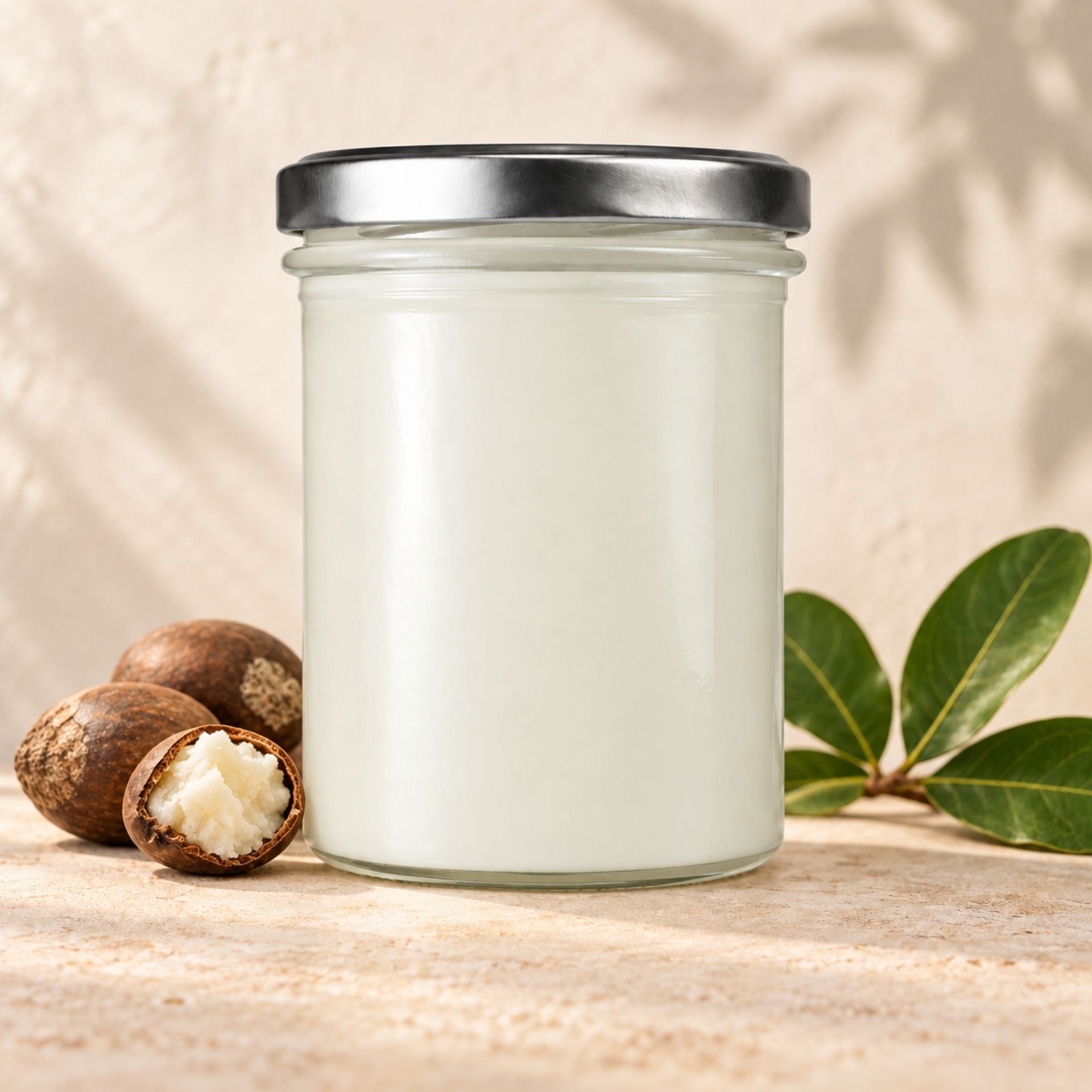 Reine Bio Sheabutter 350 ml im Glas mit Metalldeckel_ Sheanuessen und gruenen Blaettern