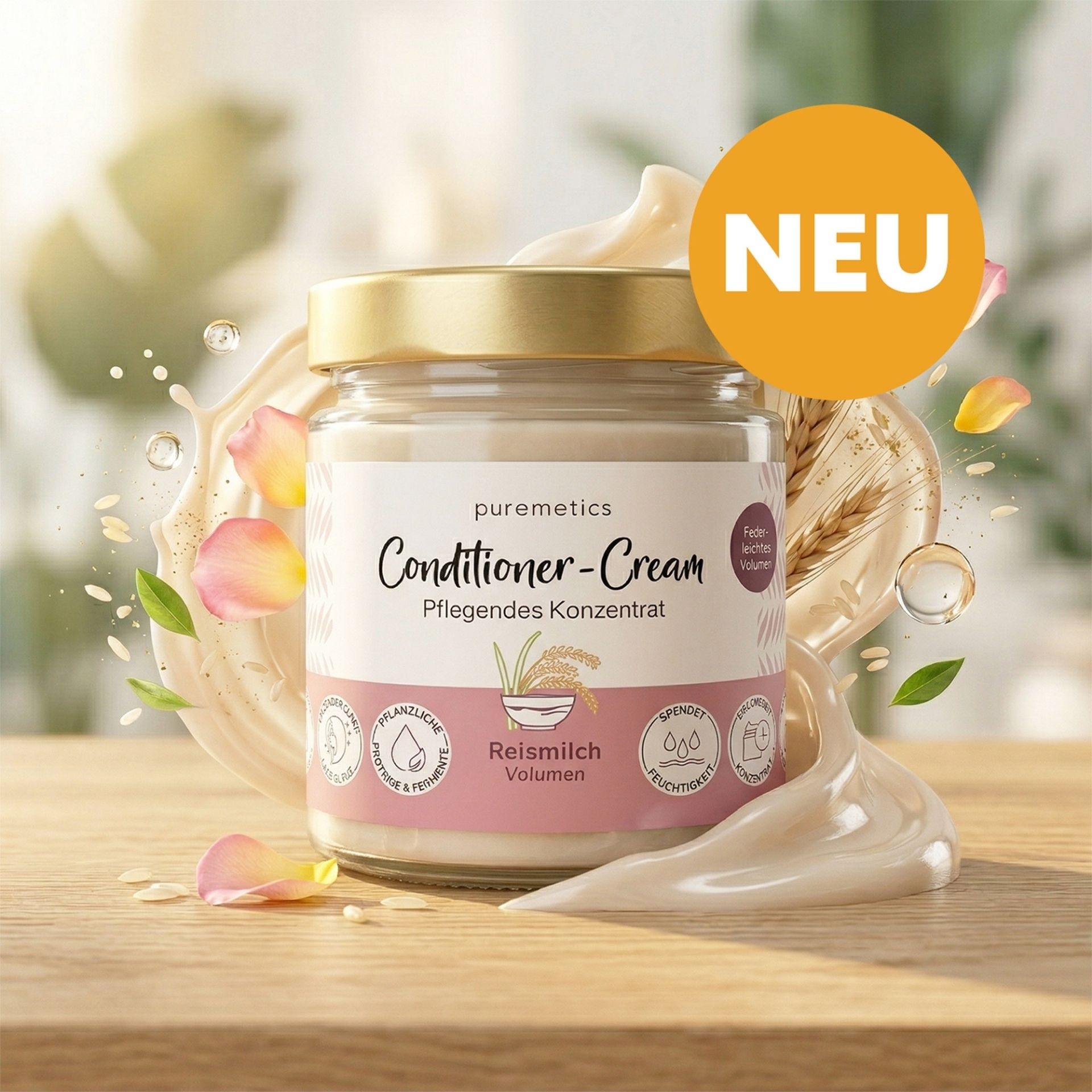 Puremetics Conditioner-Cream Reismilch Volumen im Glas mit cremiger Textur und Reismilchmotiv