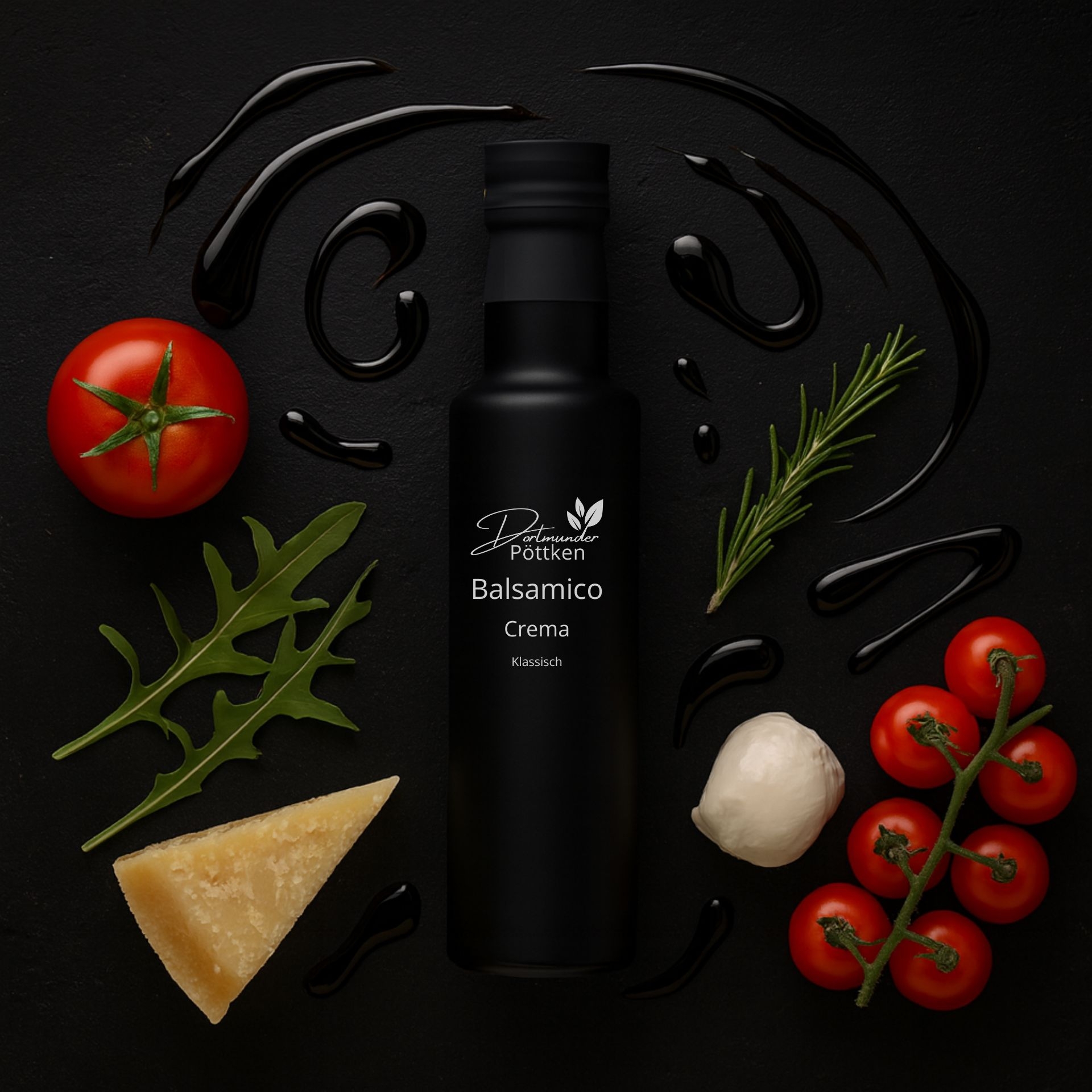 Flasche Balsamico Crema klassisch mit Tomaten_ Parmesan_ Rucola_ Mozzarella und Rosmarin auf dunklem Hintergrund angerichtet