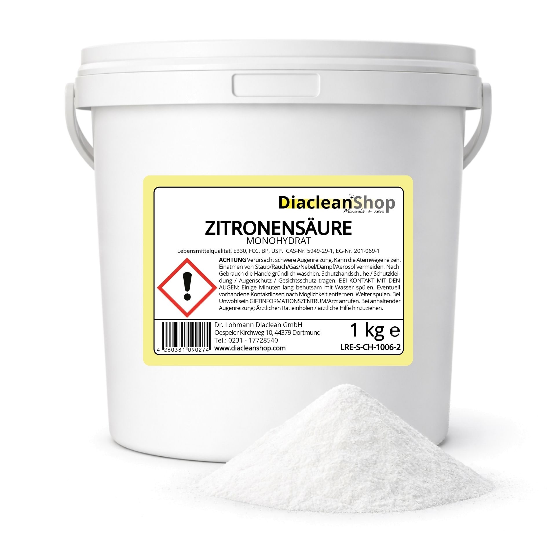 Eimer Zitronensaeure 1kg von Diacleanshop mit gelbem Etikett