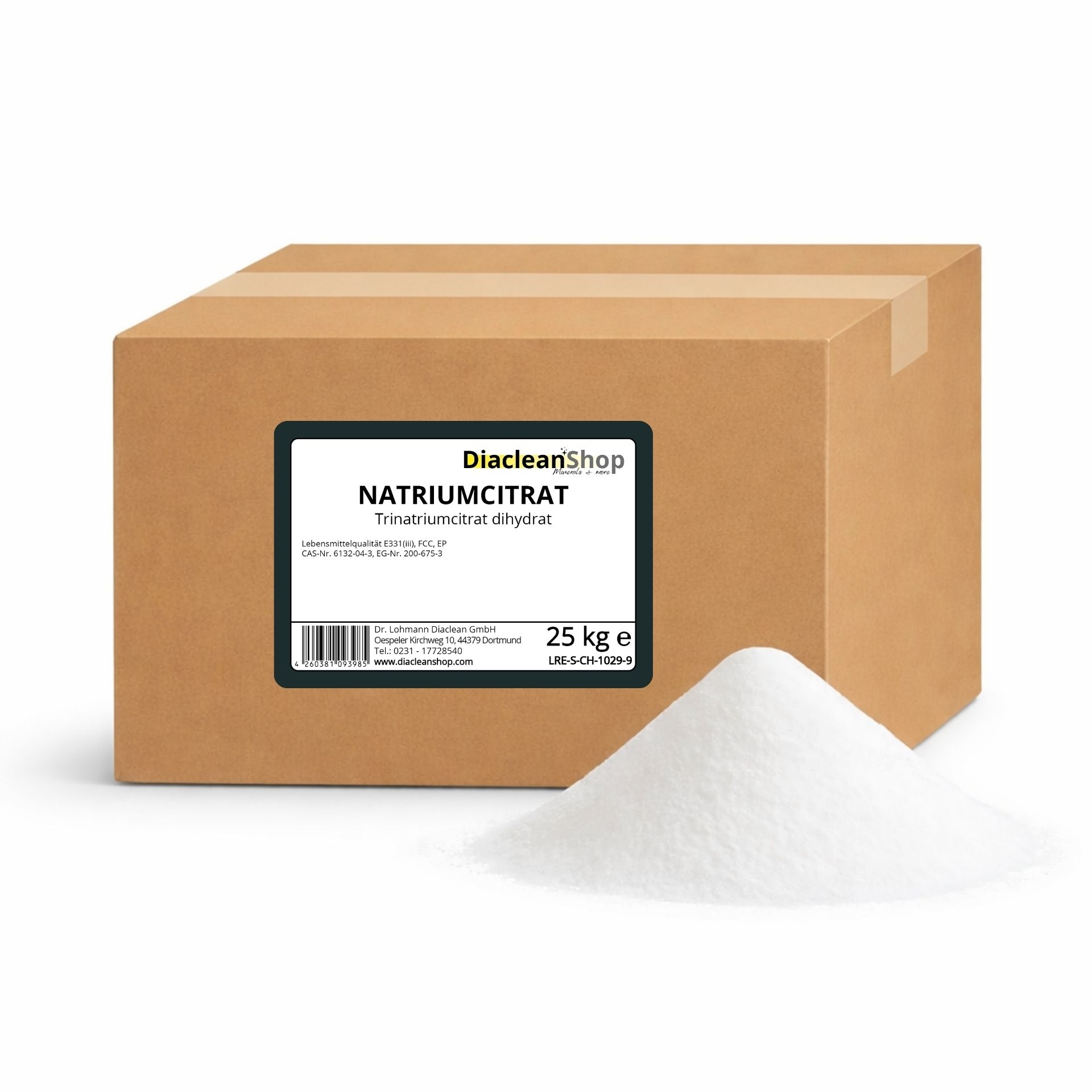 Brauner Karton mit Etikett „Natriumcitrat 25 kg“ vom Diacleanshop_ daneben ein weisser Pulverhaufen auf weissem Hintergrund