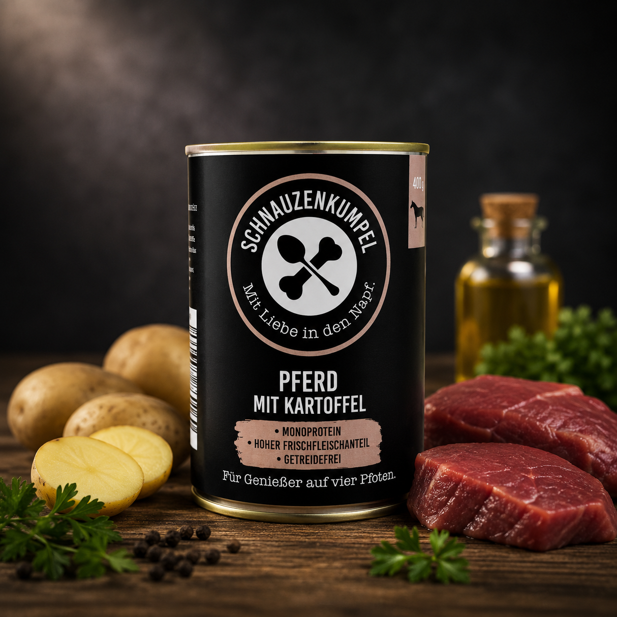 Produktdose Schnauzenkumpel Nassfutter Pferd mit Kartoffel_ umgeben von Pferdefleisch und Kartoffeln